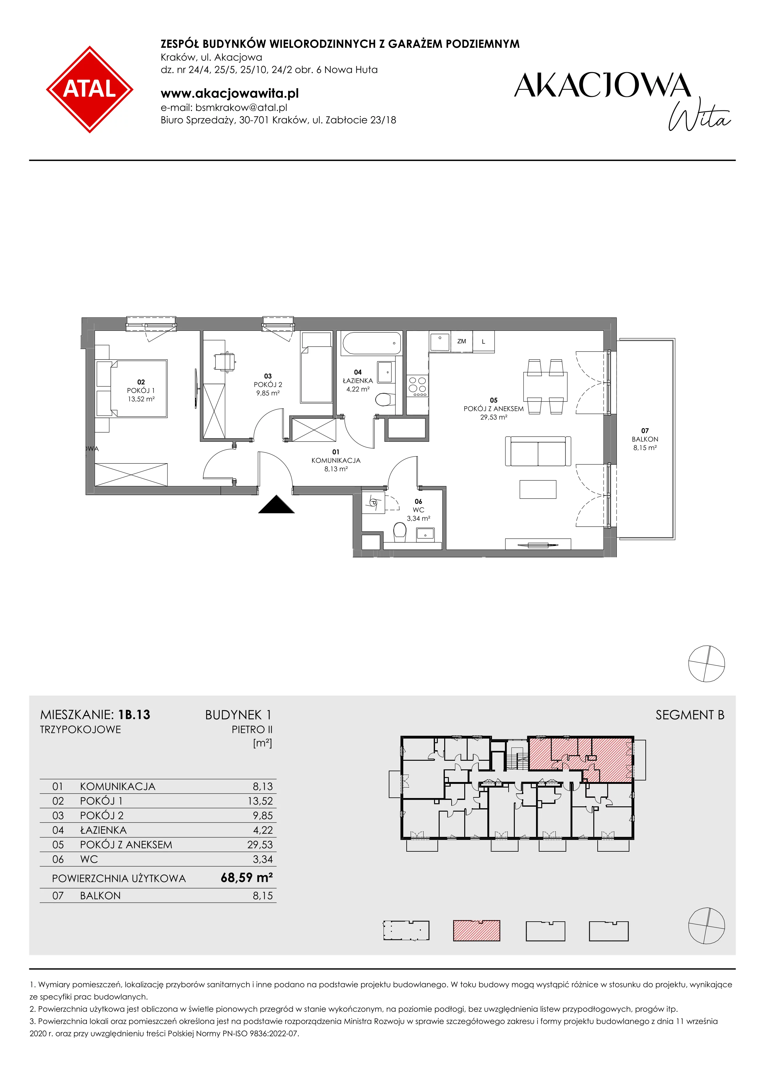 Mieszkanie 68,59 m², piętro 2, oferta nr 1B.13, Akacjowa Wita, Kraków, Prądnik Czerwony, Rakowice, ul. Akacjowa