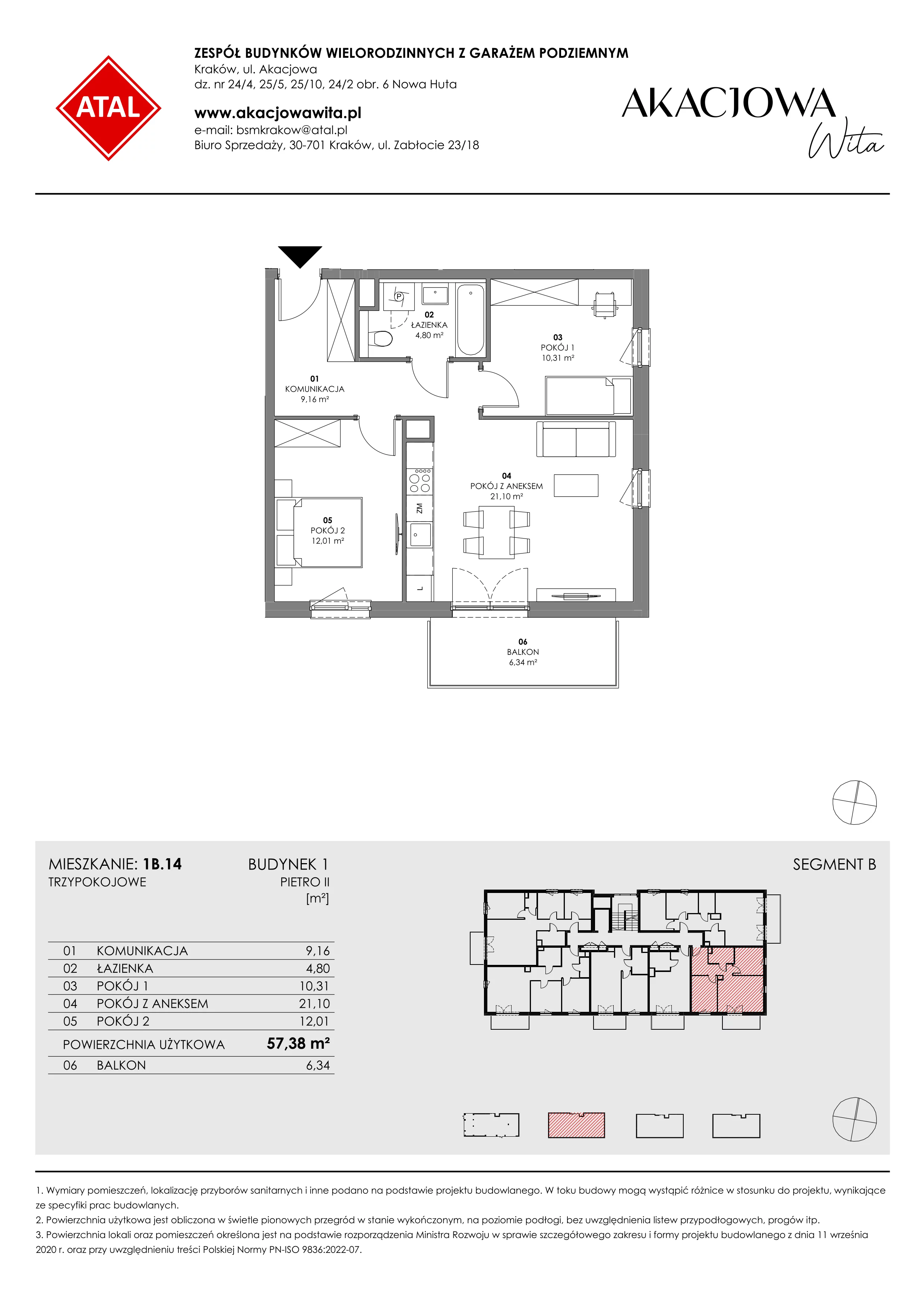 Mieszkanie 57,38 m², piętro 2, oferta nr 1B.14, Akacjowa Wita, Kraków, Prądnik Czerwony, Rakowice, ul. Akacjowa