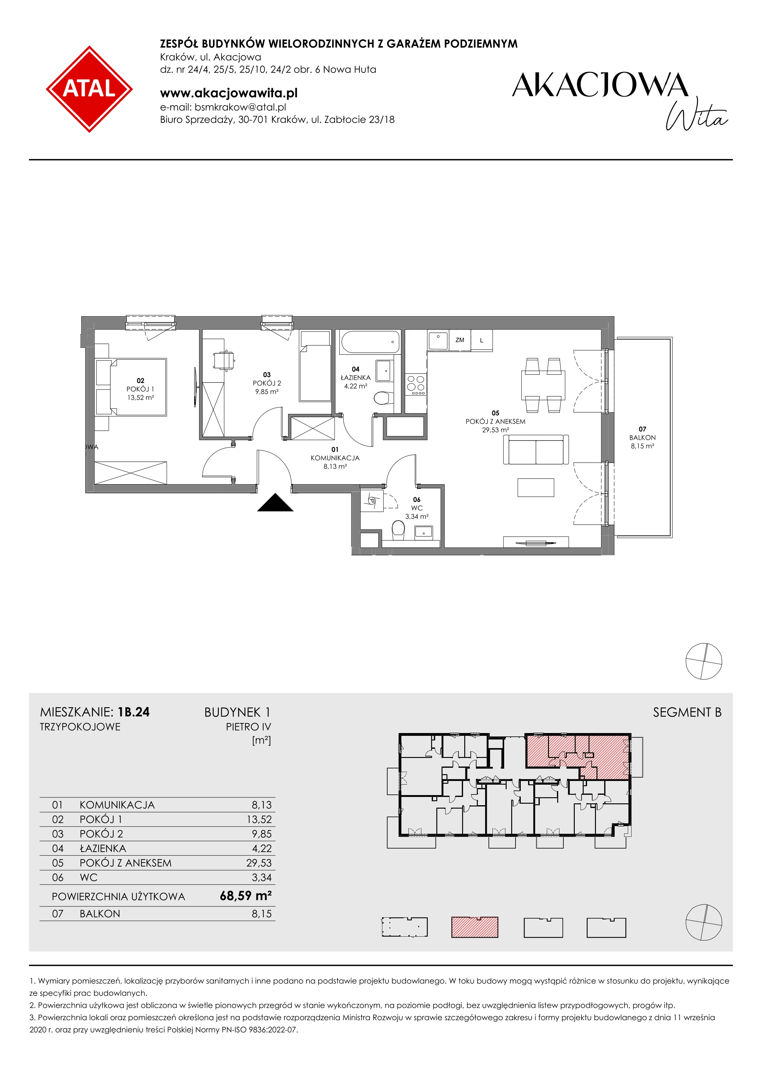 Mieszkanie 68,59 m², piętro 4, oferta nr 1B.24, Akacjowa Wita, Kraków, Prądnik Czerwony, Rakowice, ul. Akacjowa