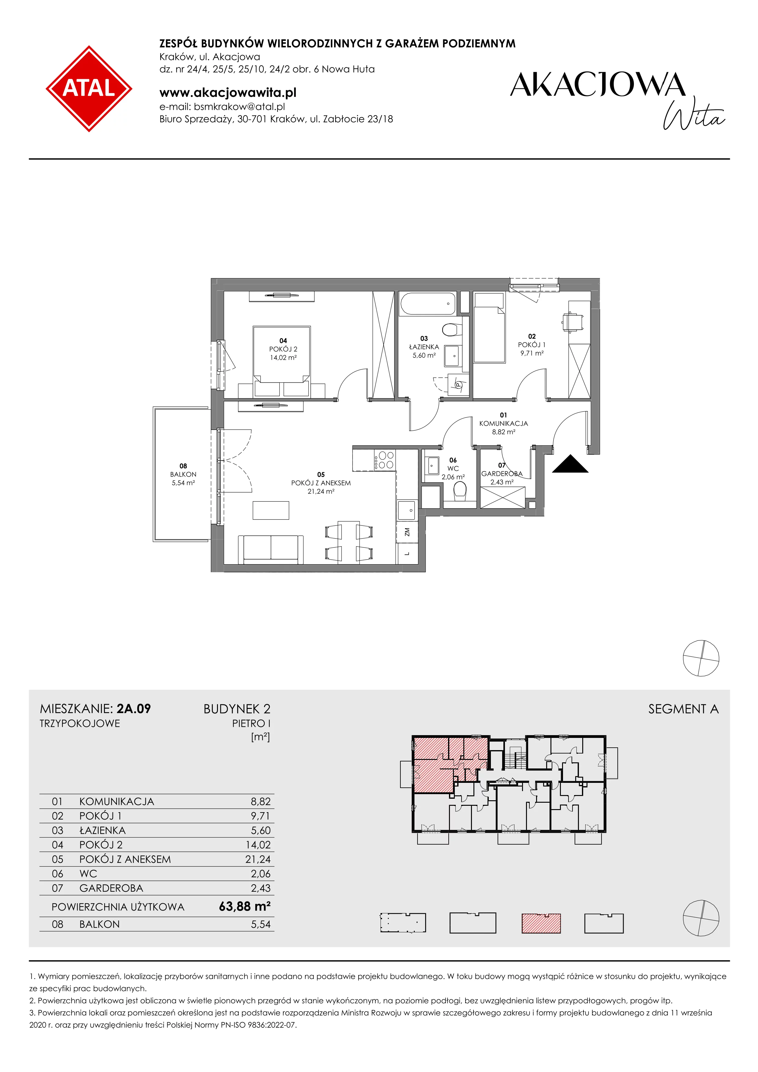 Mieszkanie 63,88 m², piętro 1, oferta nr 2A.09, Akacjowa Wita, Kraków, Prądnik Czerwony, Rakowice, ul. Akacjowa