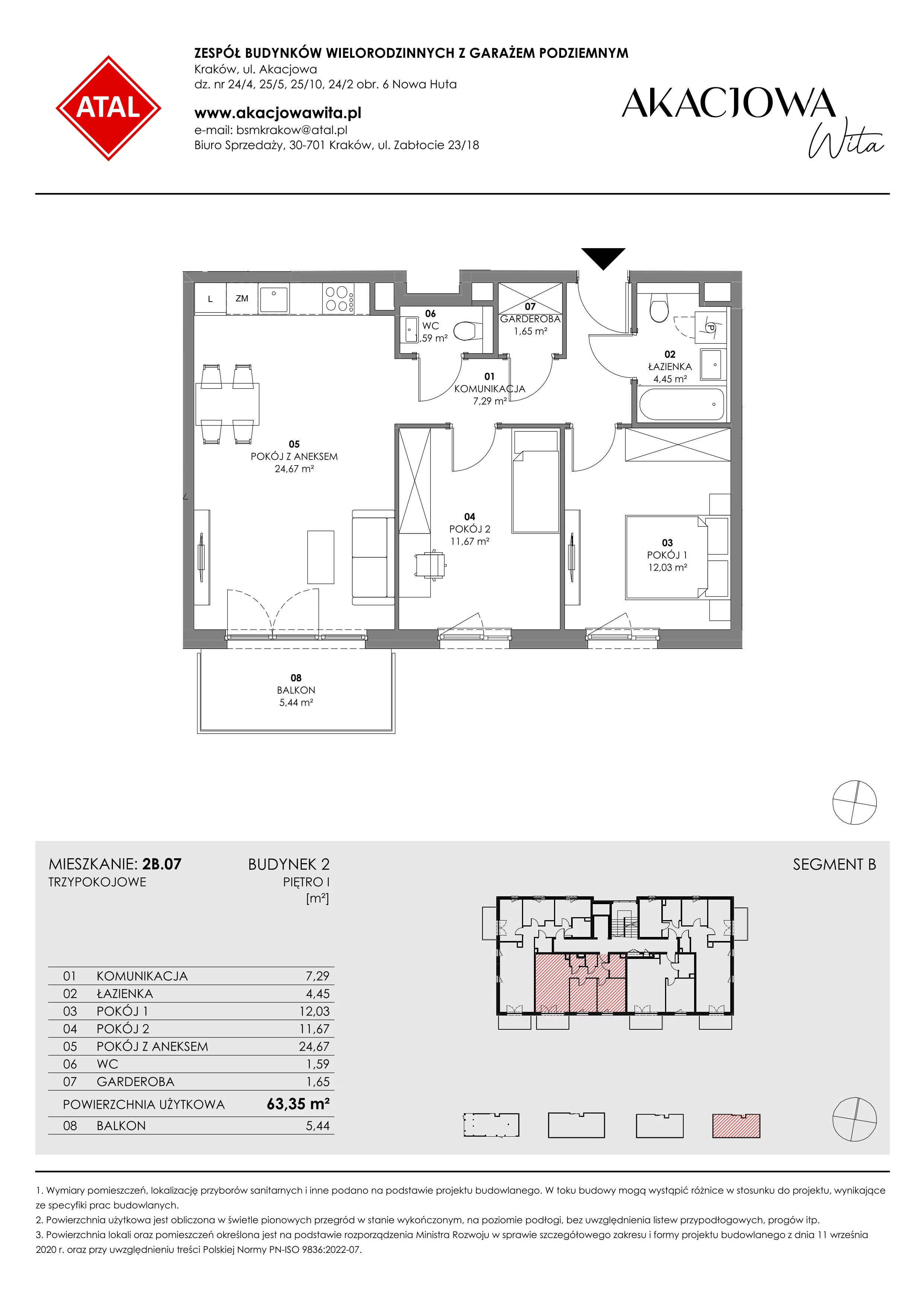 Mieszkanie 63,35 m², piętro 1, oferta nr 2B.07, Akacjowa Wita, Kraków, Prądnik Czerwony, Rakowice, ul. Akacjowa