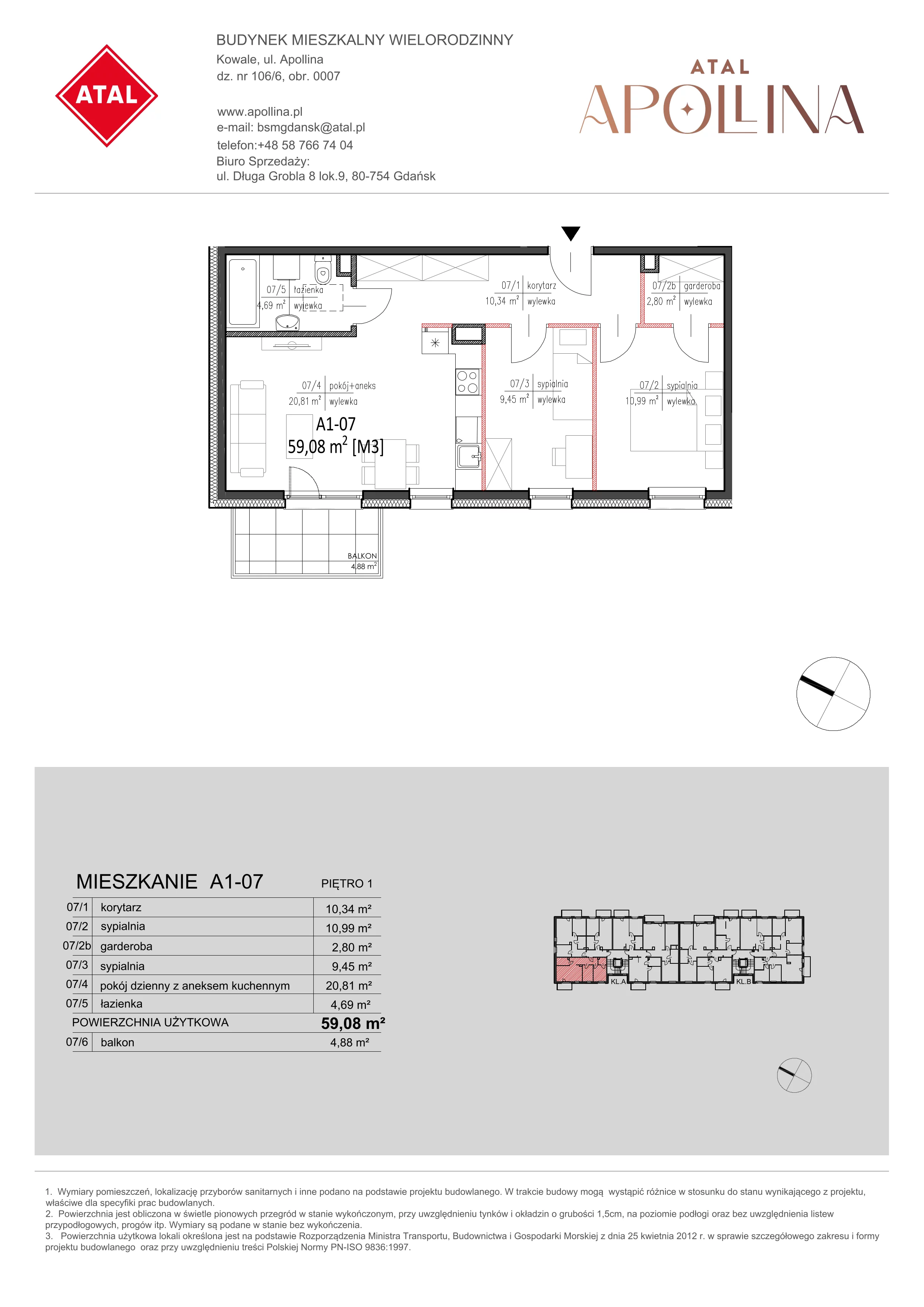 Mieszkanie 59,08 m², piętro 1, oferta nr A1-07, ATAL Apollina, Kowale, ul. Apollina