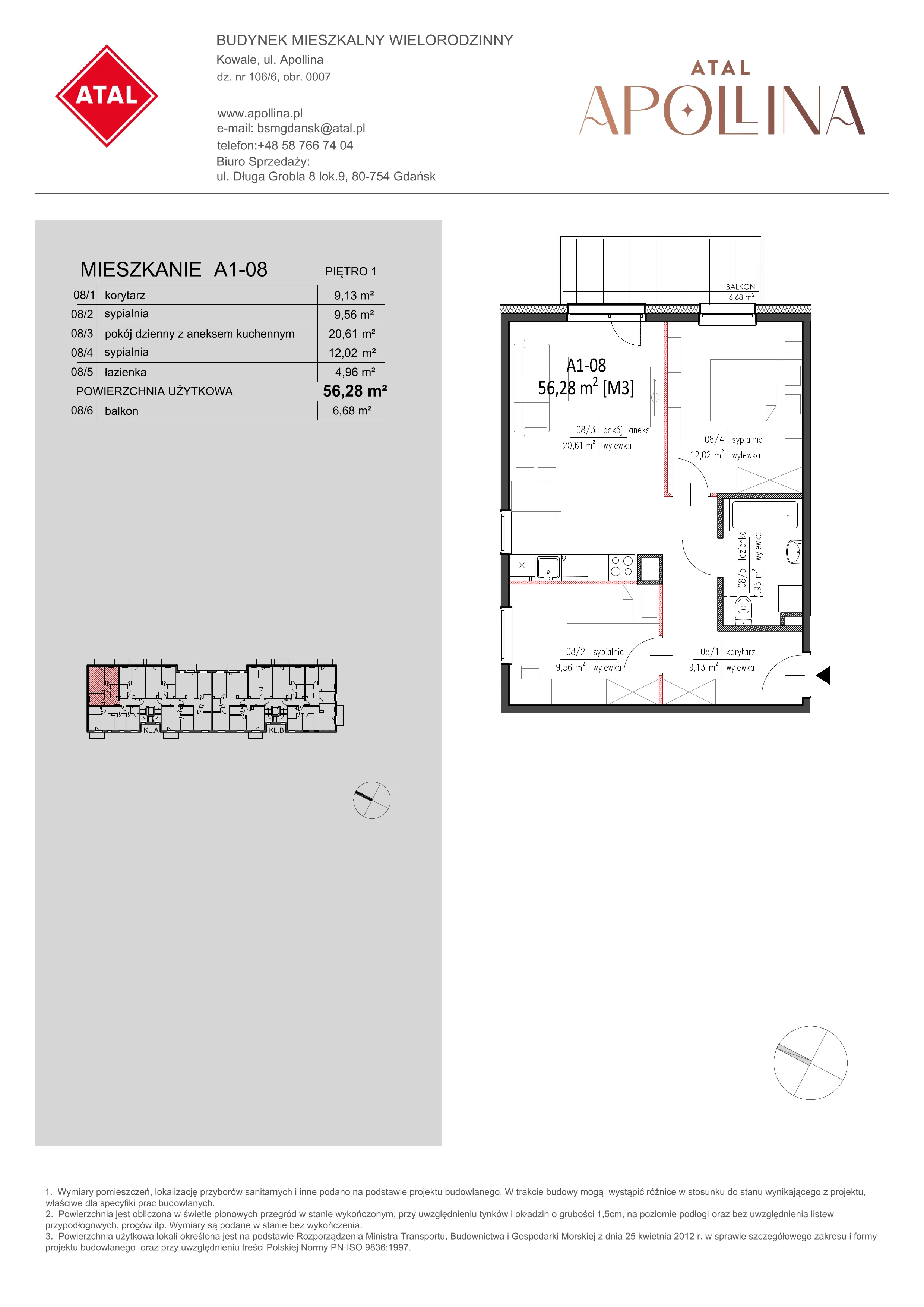 Mieszkanie 56,28 m², piętro 1, oferta nr A1-08, ATAL Apollina, Kowale, ul. Apollina