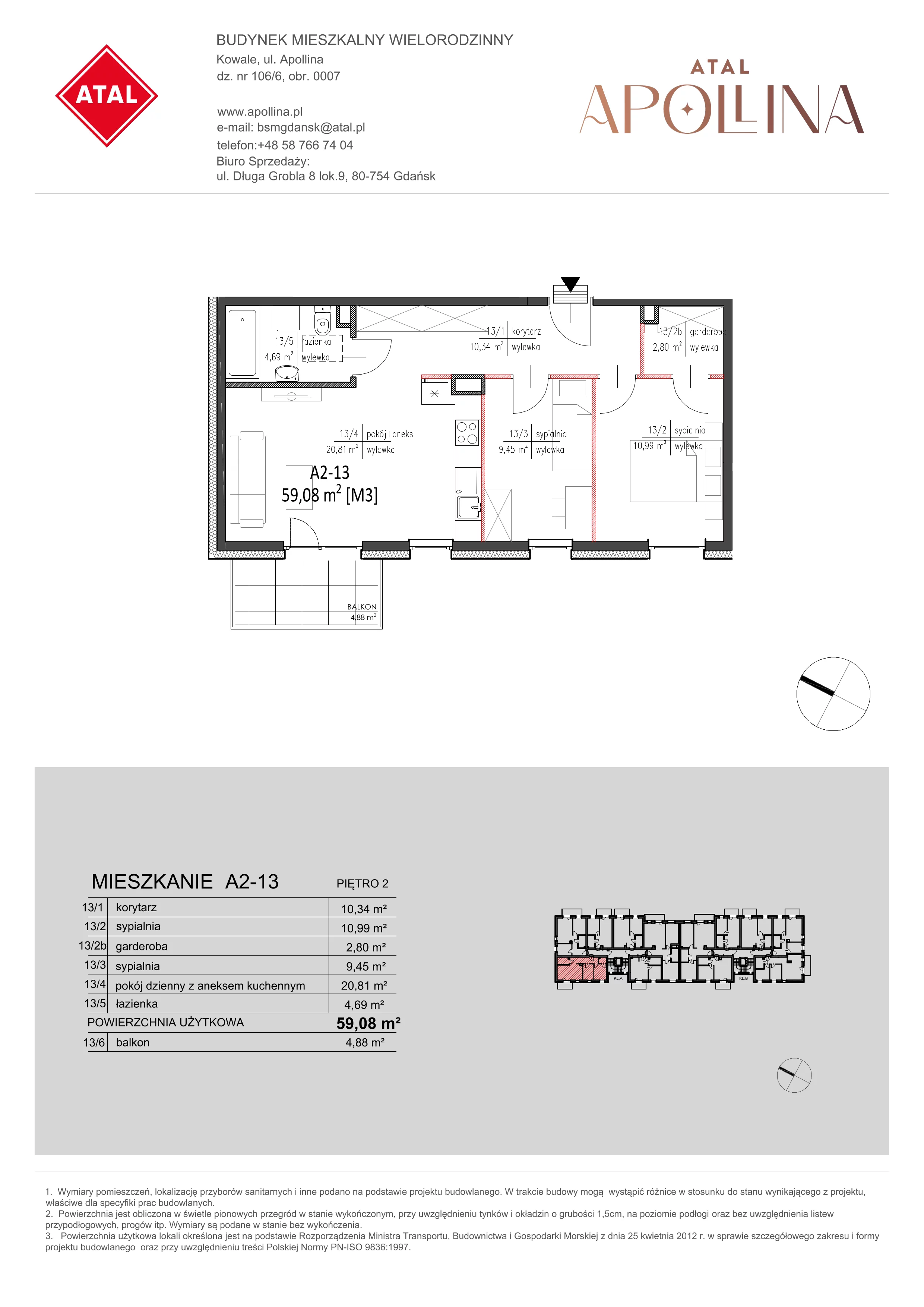 Mieszkanie 59,08 m², piętro 2, oferta nr A2-13, ATAL Apollina, Kowale, ul. Apollina