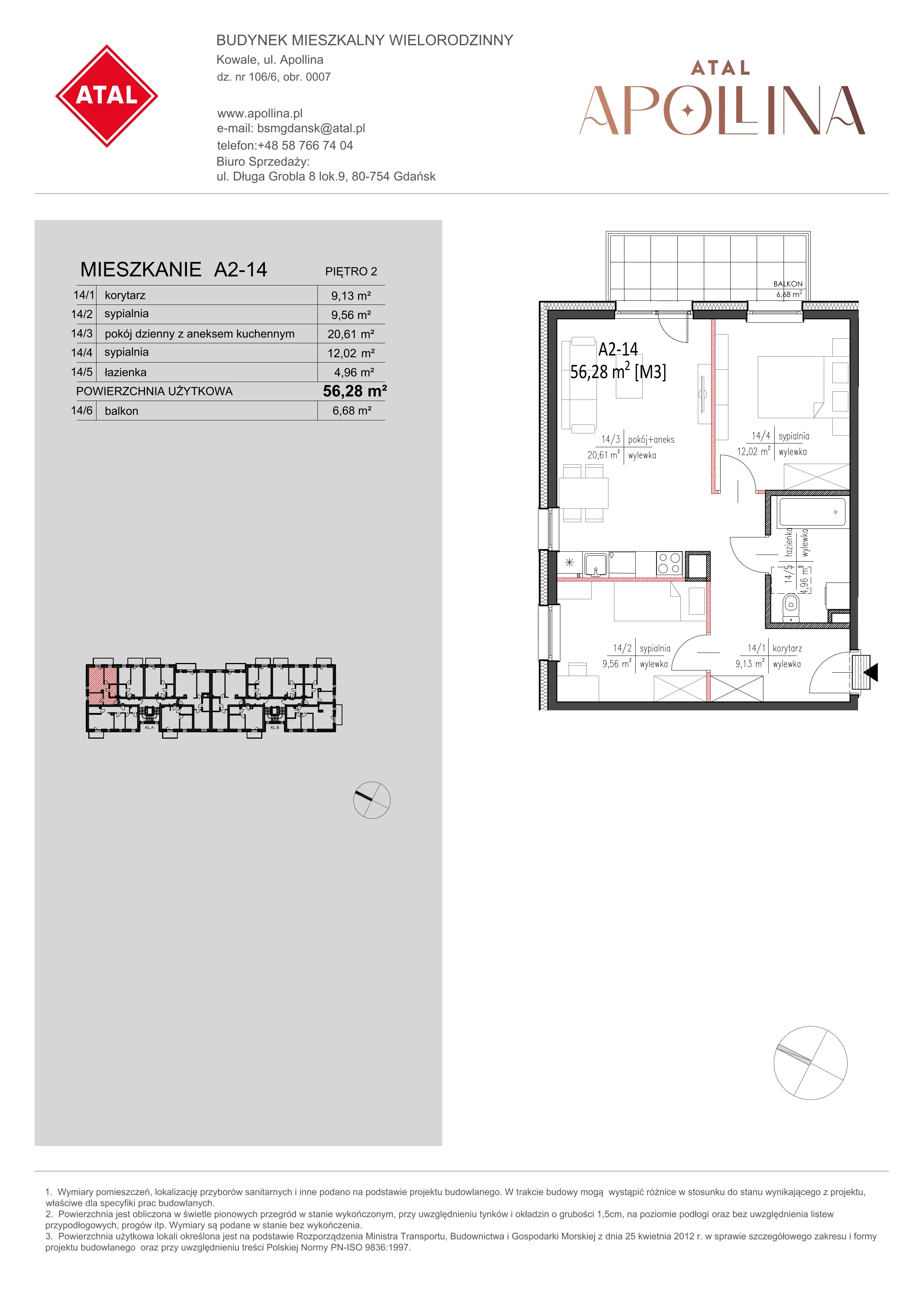 Mieszkanie 56,28 m², piętro 2, oferta nr A2-14, ATAL Apollina, Kowale, ul. Apollina