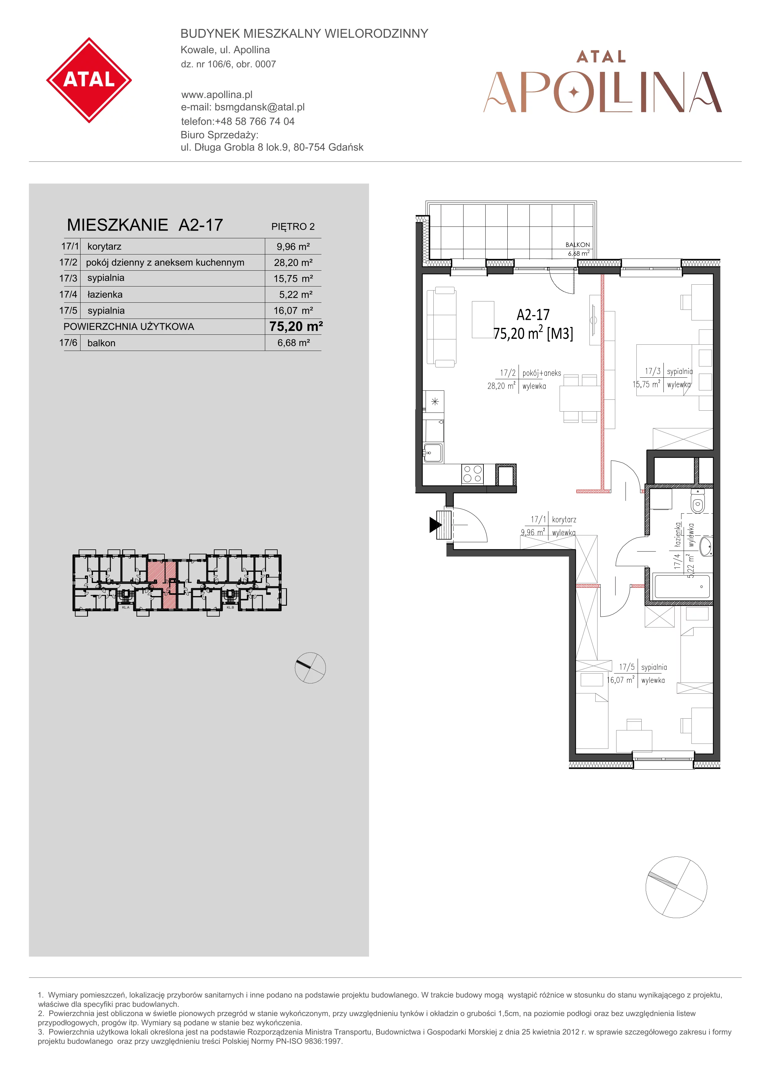 Mieszkanie 75,20 m², piętro 2, oferta nr A2-17, ATAL Apollina, Kowale, ul. Apollina