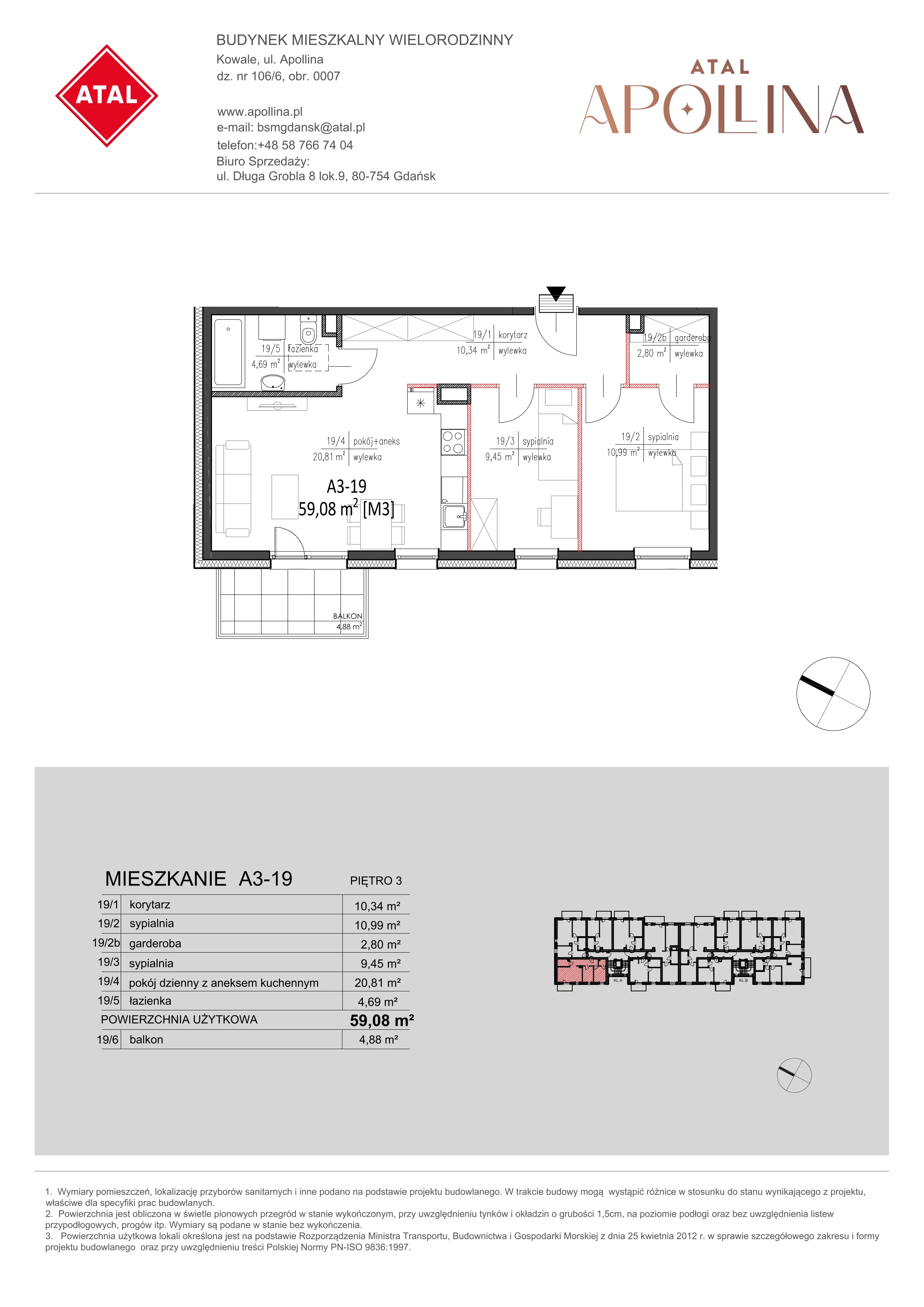 Mieszkanie 59,08 m², piętro 3, oferta nr A3-19, ATAL Apollina, Kowale, ul. Apollina