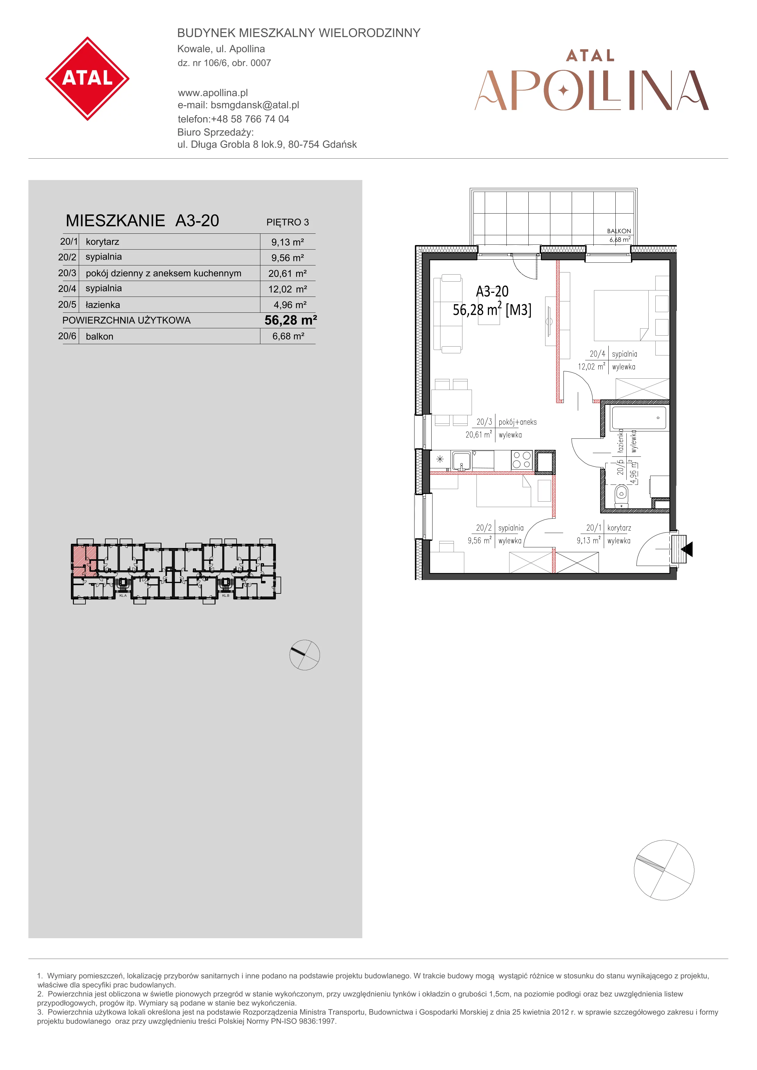 Mieszkanie 56,28 m², piętro 3, oferta nr A3-20, ATAL Apollina, Kowale, ul. Apollina