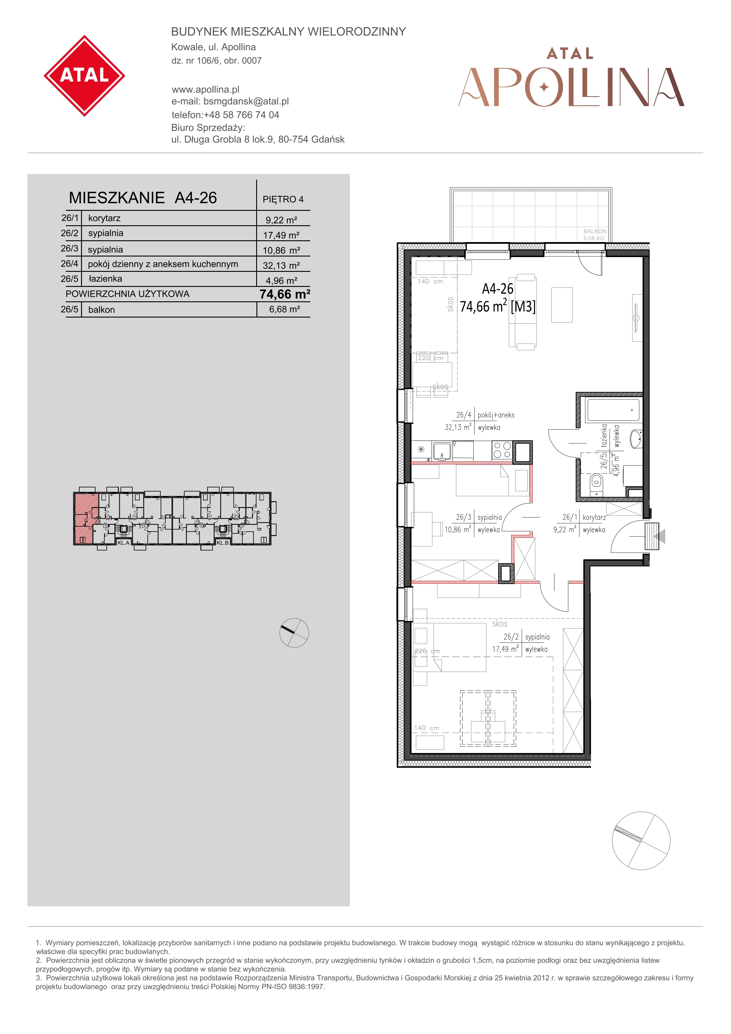 Mieszkanie 74,66 m², piętro 4, oferta nr A4-26, ATAL Apollina, Kowale, ul. Apollina