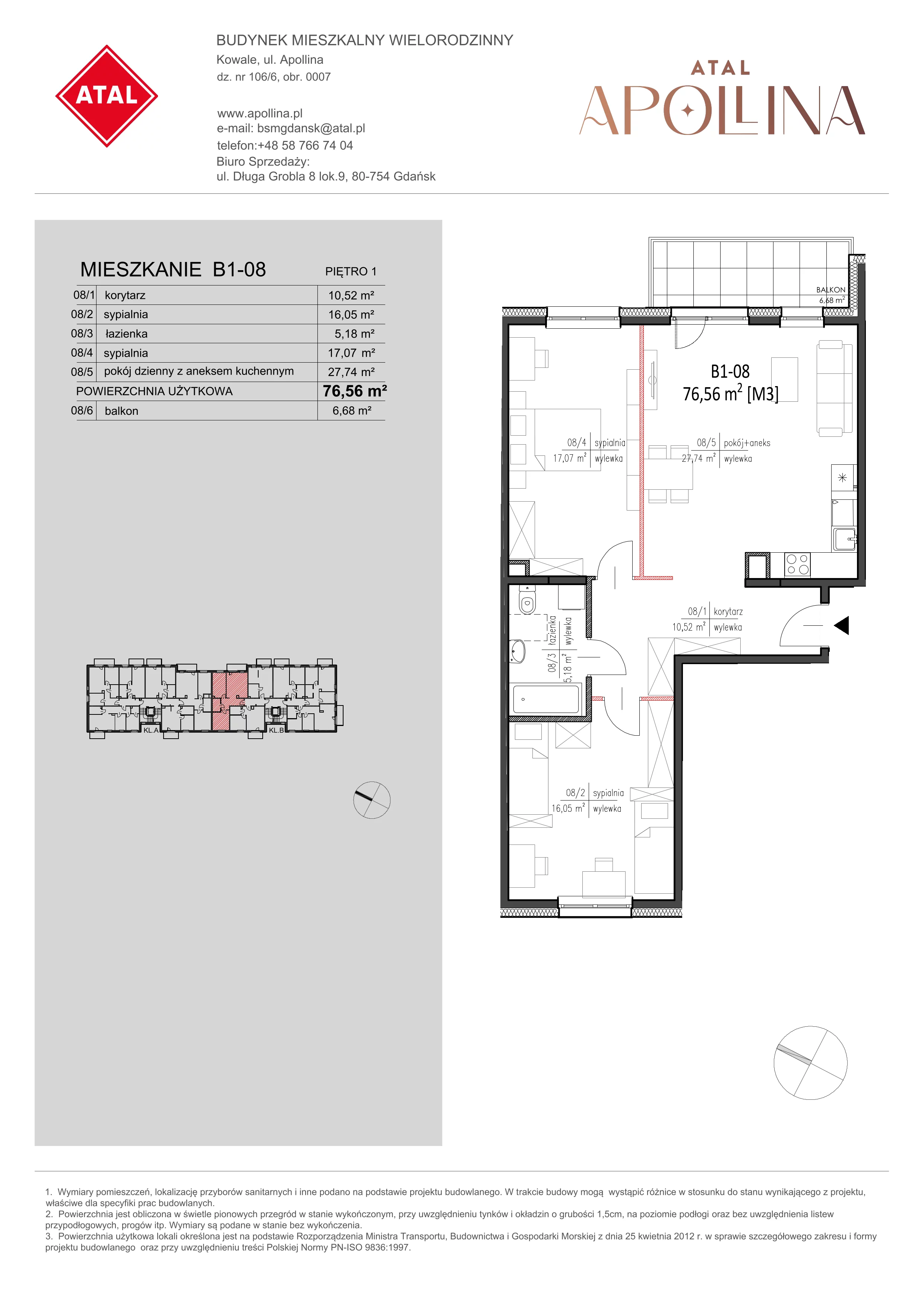 Mieszkanie 76,56 m², piętro 1, oferta nr B1-08, ATAL Apollina, Kowale, ul. Apollina