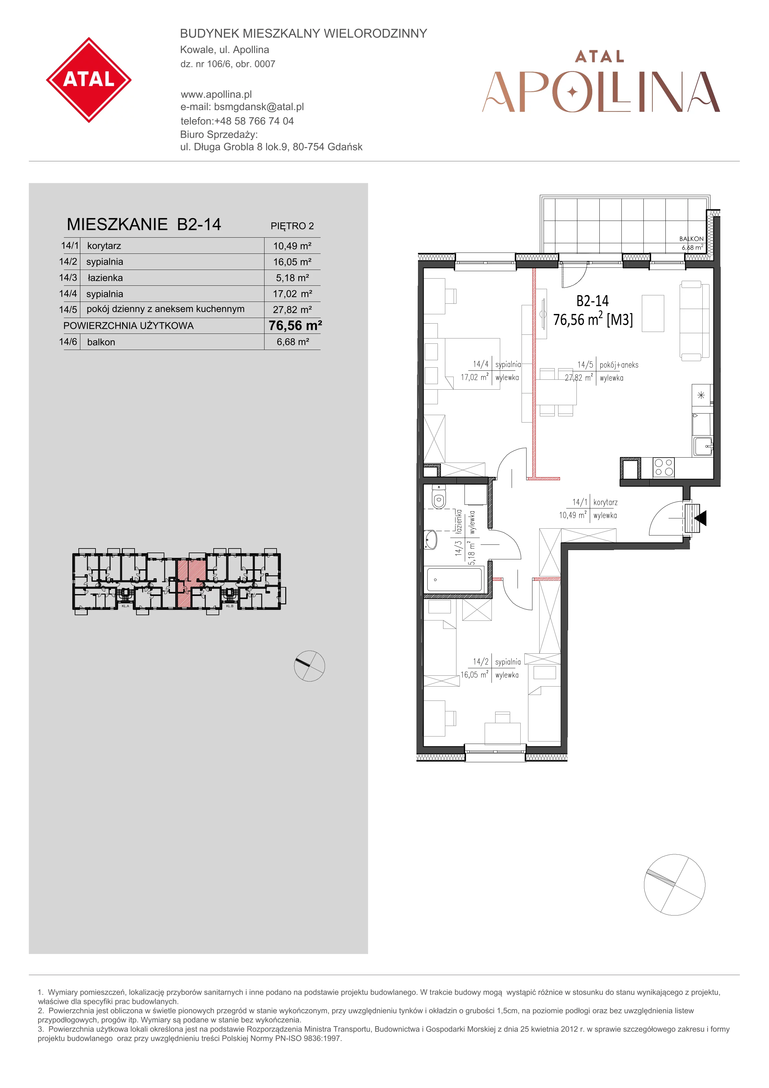 Mieszkanie 76,56 m², piętro 2, oferta nr B2-14, ATAL Apollina, Kowale, ul. Apollina