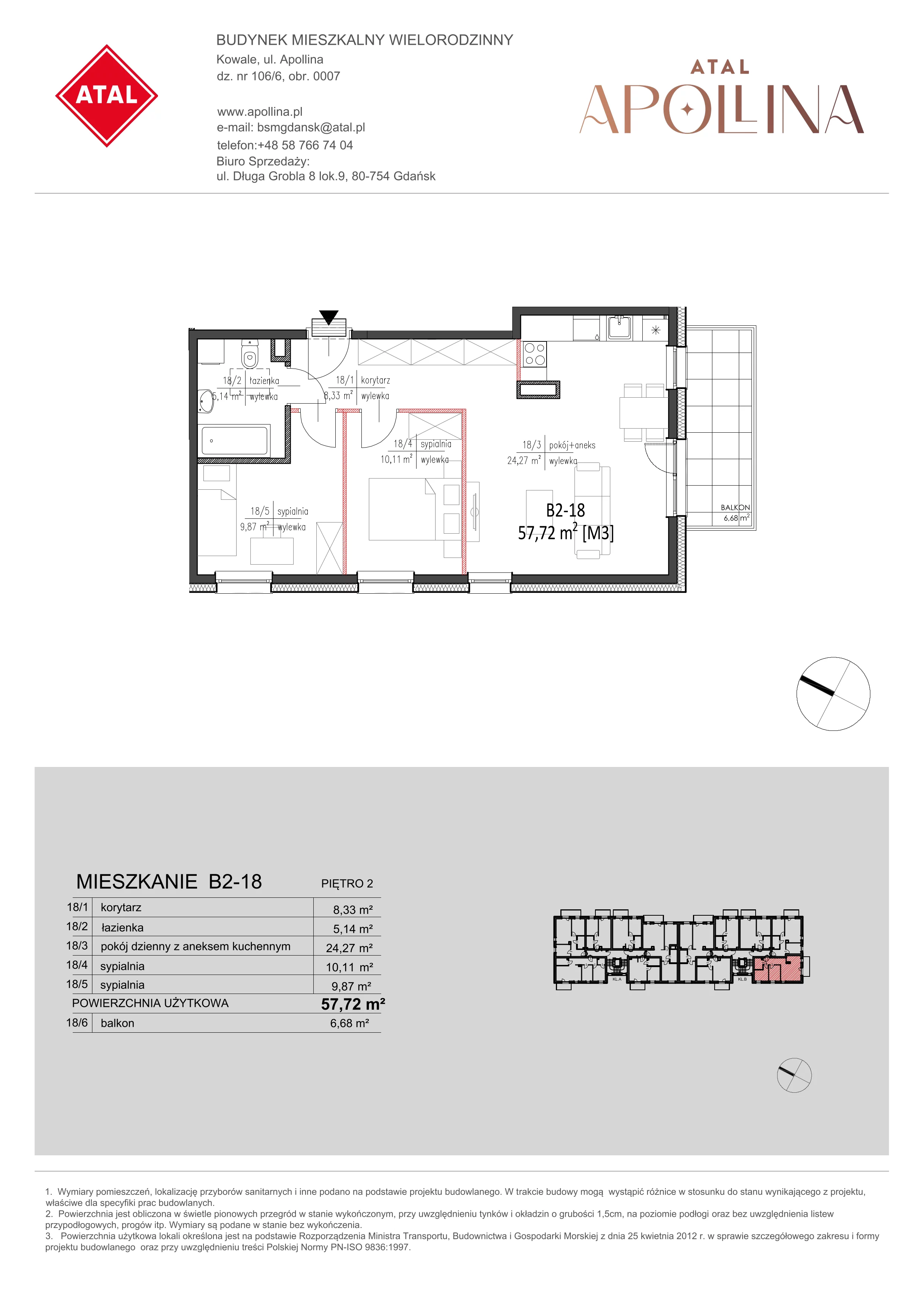 Mieszkanie 57,72 m², piętro 2, oferta nr B2-18, ATAL Apollina, Kowale, ul. Apollina