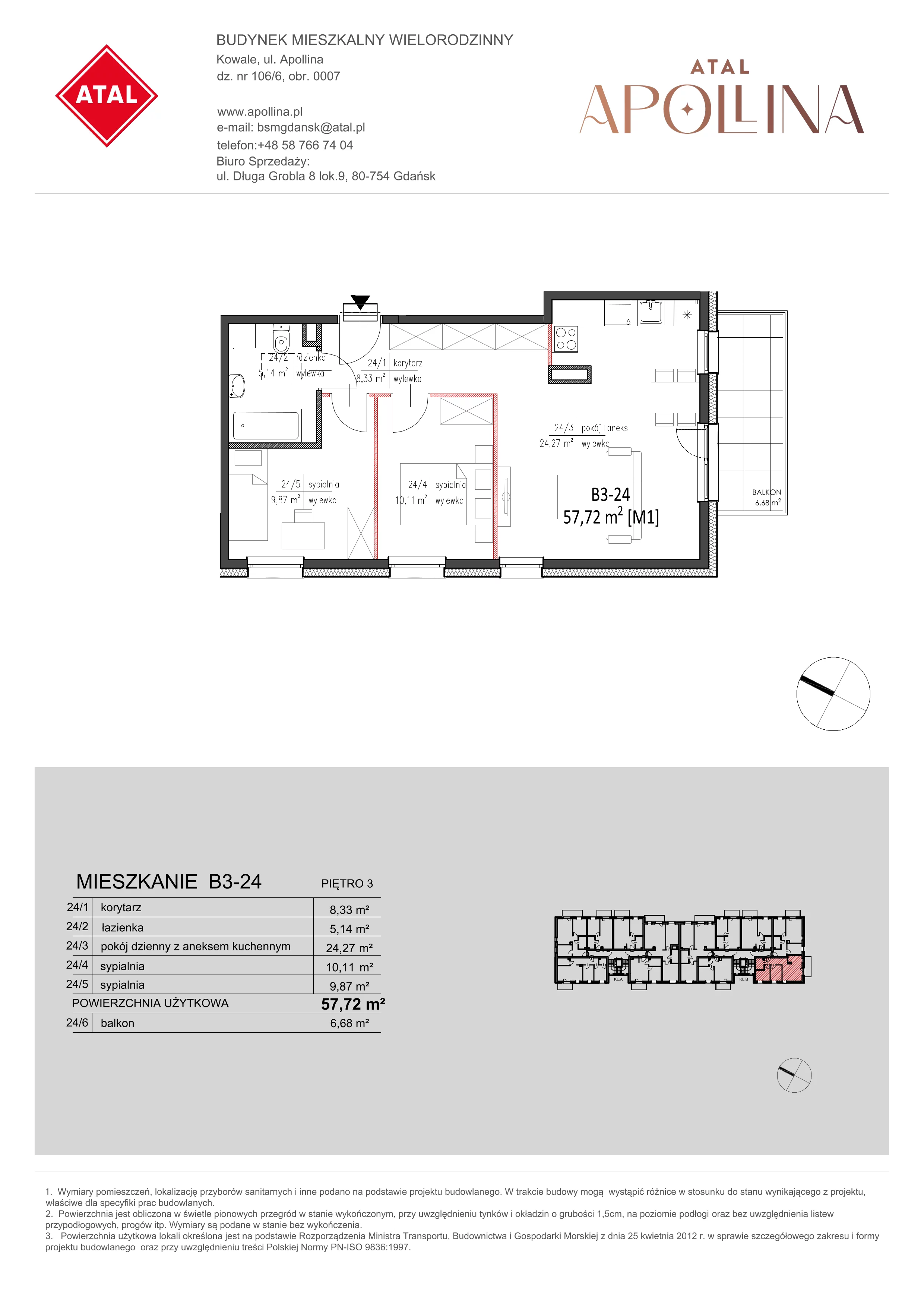 Mieszkanie 57,72 m², piętro 3, oferta nr B3-24, ATAL Apollina, Kowale, ul. Apollina