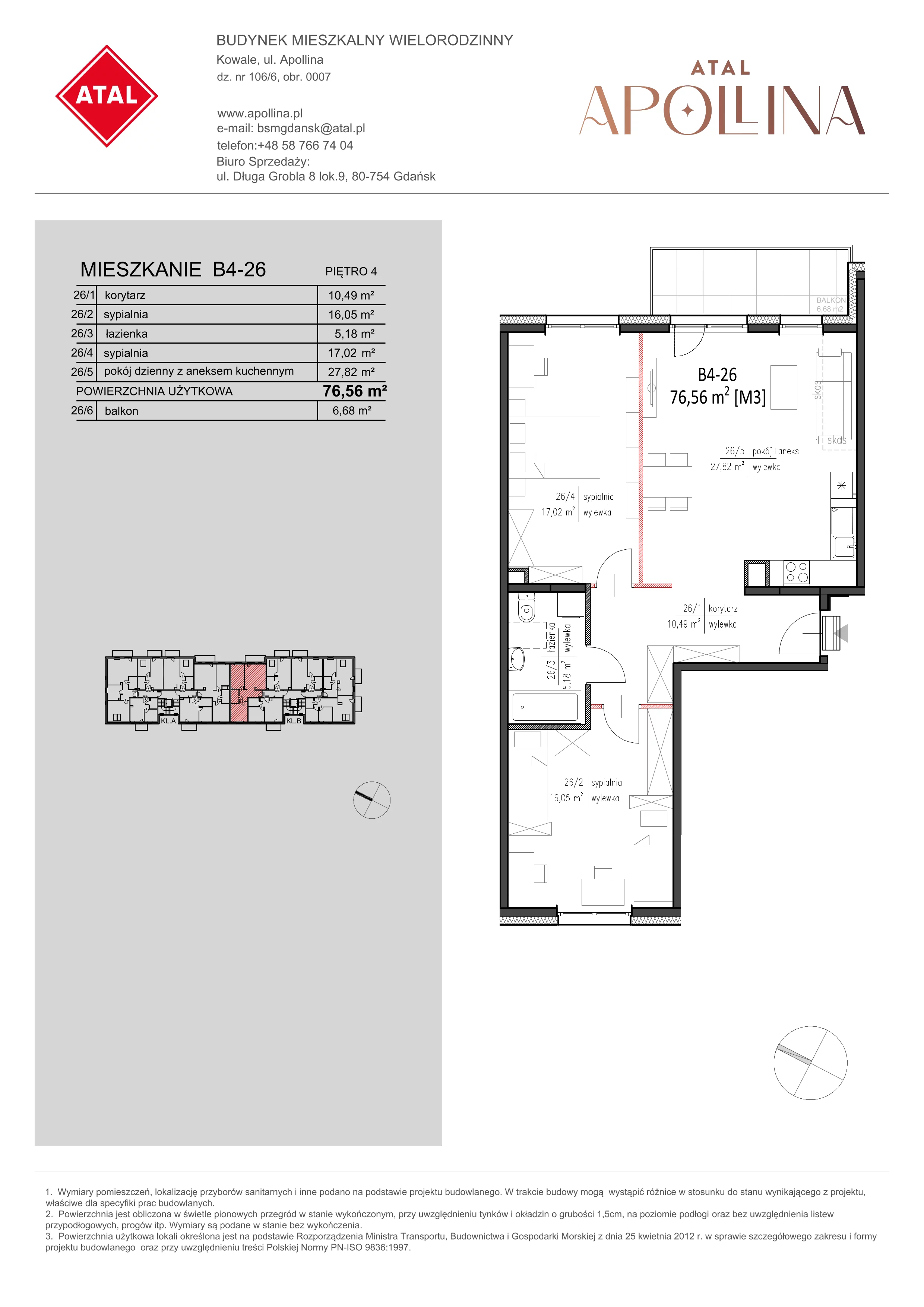 Mieszkanie 76,56 m², piętro 4, oferta nr B4-26, ATAL Apollina, Kowale, ul. Apollina