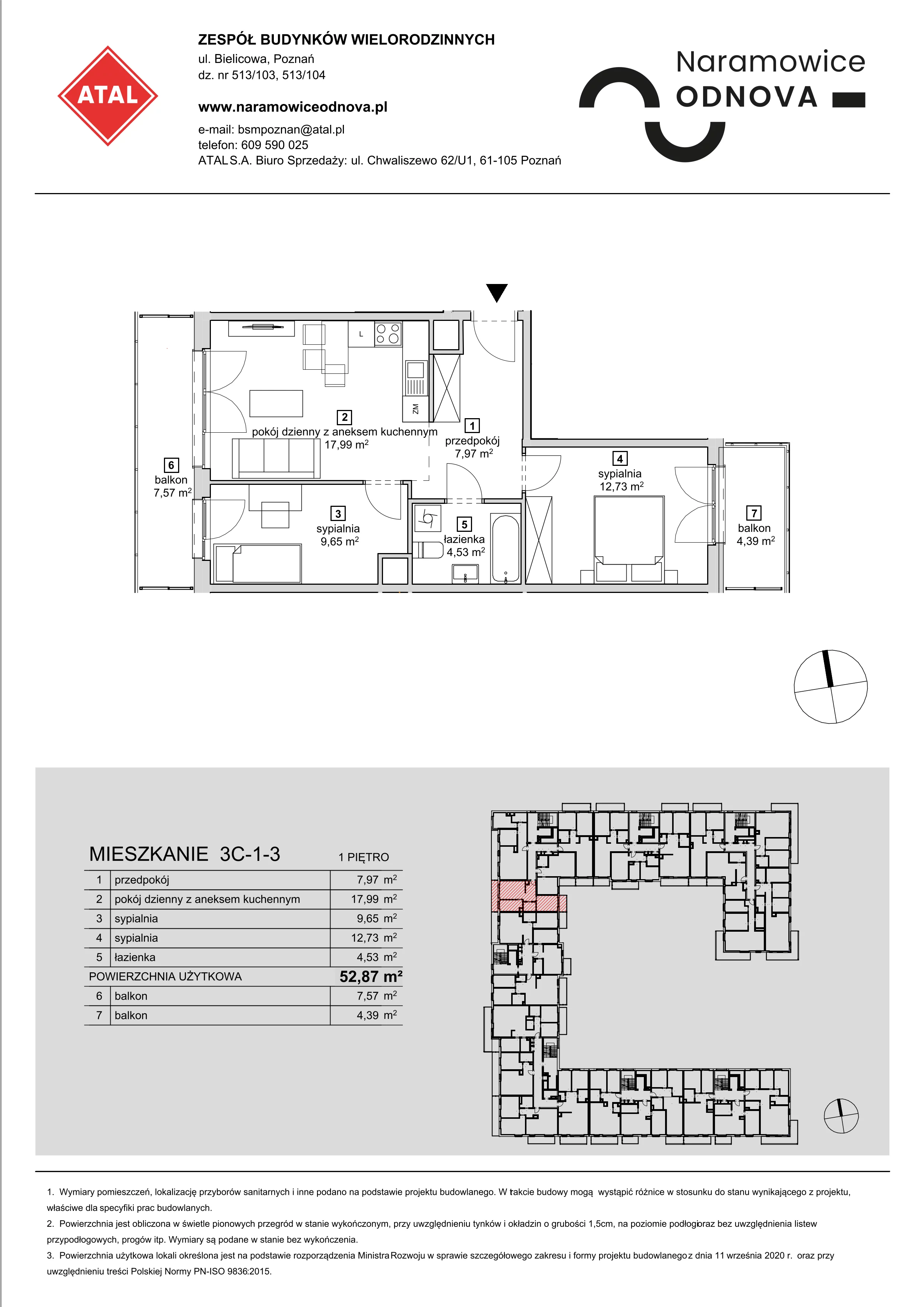 3 pokoje, mieszkanie 52,87 m², piętro 1, oferta nr 3C-1-3, Naramowice Odnova, Poznań, Naramowice, ul. Bielicowa