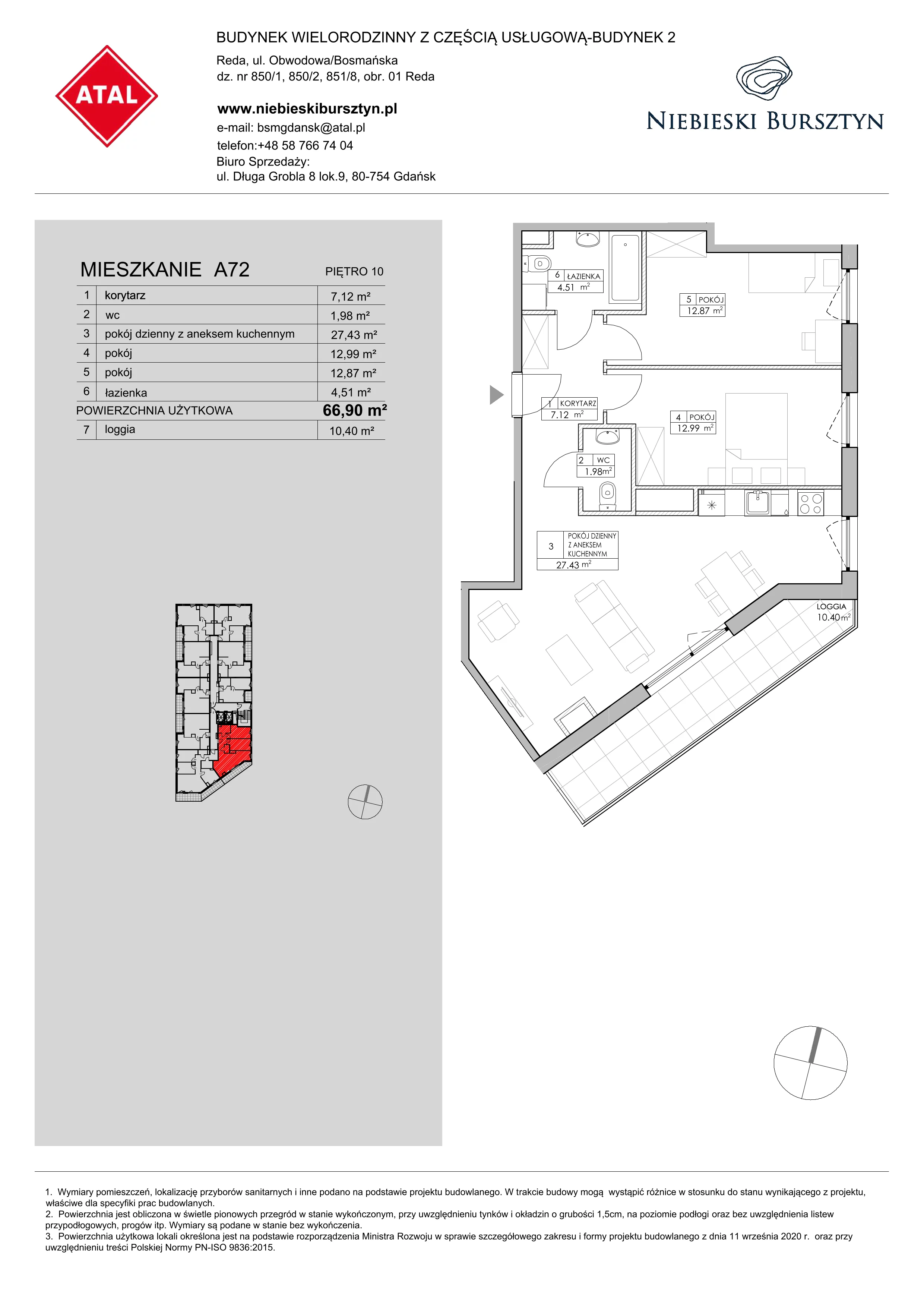 3 pokoje, mieszkanie 66,90 m², piętro 10, oferta nr 2.A72, Niebieski Bursztyn II, Reda, ul. Bosmańska