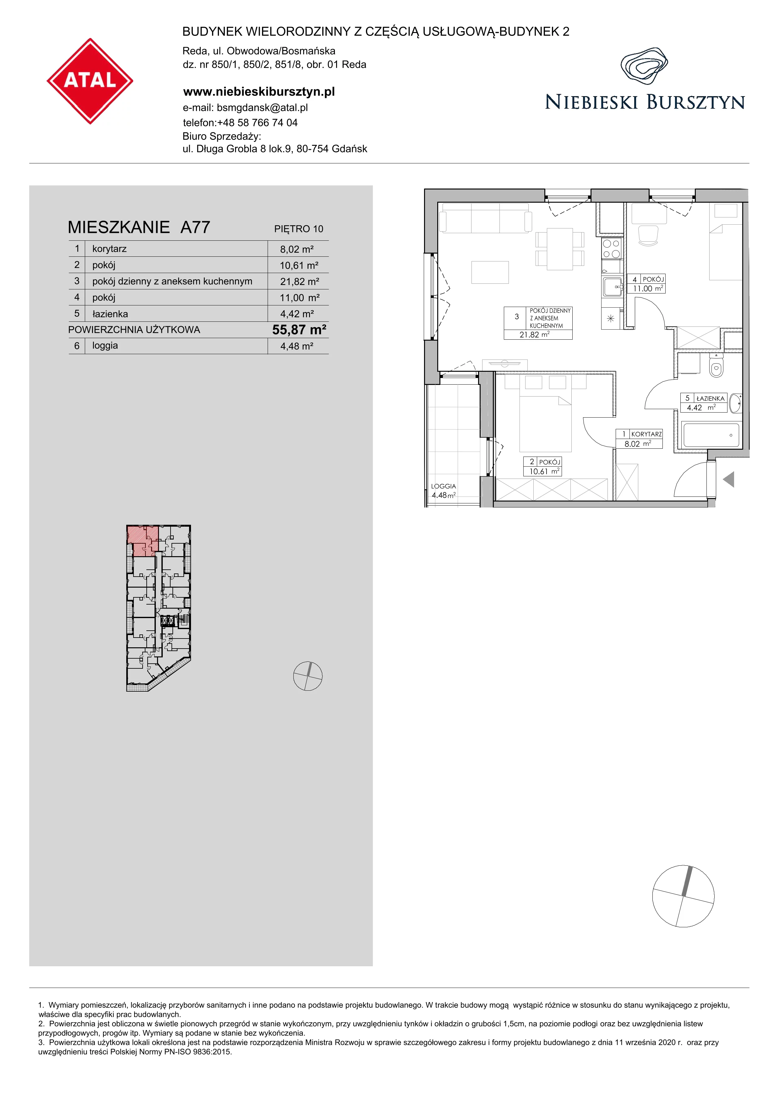 3 pokoje, mieszkanie 55,87 m², piętro 10, oferta nr 2.A77, Niebieski Bursztyn II, Reda, ul. Bosmańska