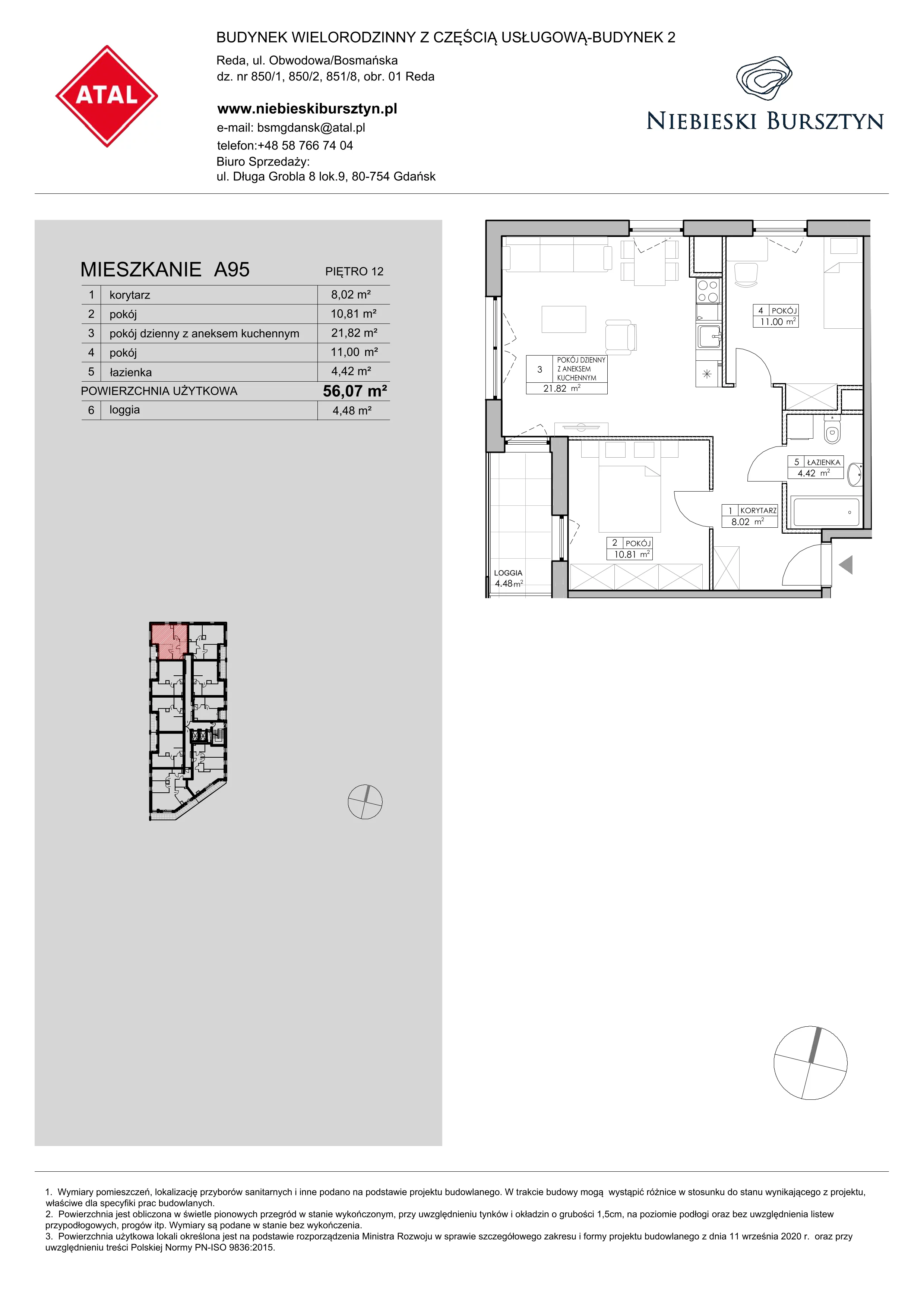 3 pokoje, mieszkanie 56,07 m², piętro 12, oferta nr 2.A95, Niebieski Bursztyn II, Reda, ul. Bosmańska