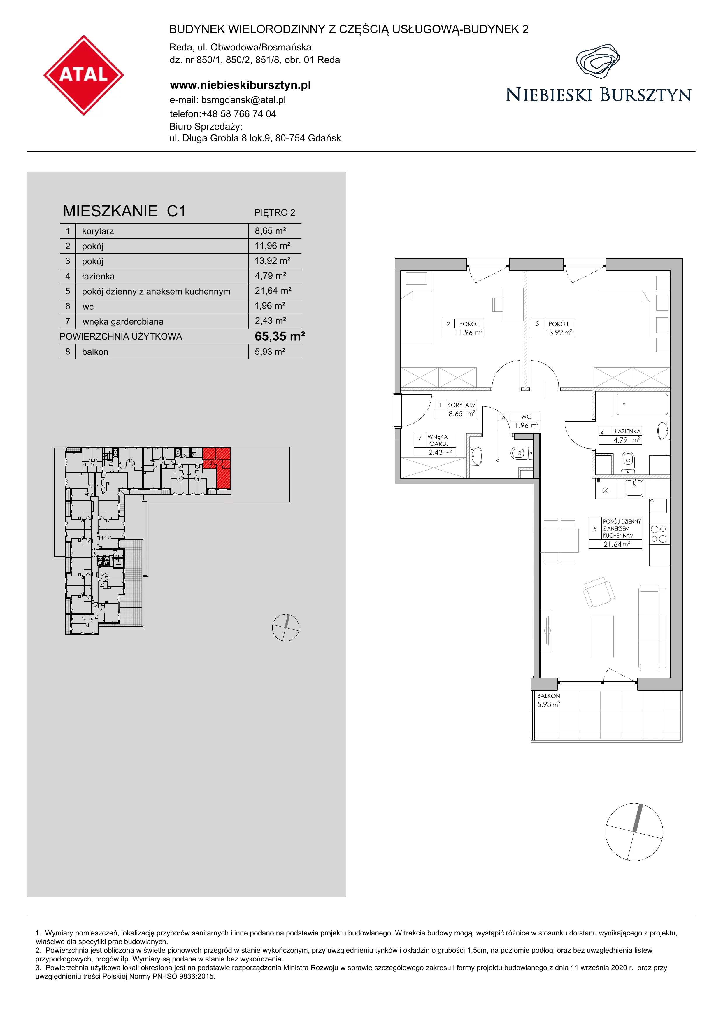 3 pokoje, mieszkanie 65,11 m², piętro 2, oferta nr 2.C1, Niebieski Bursztyn II, Reda, ul. Bosmańska
