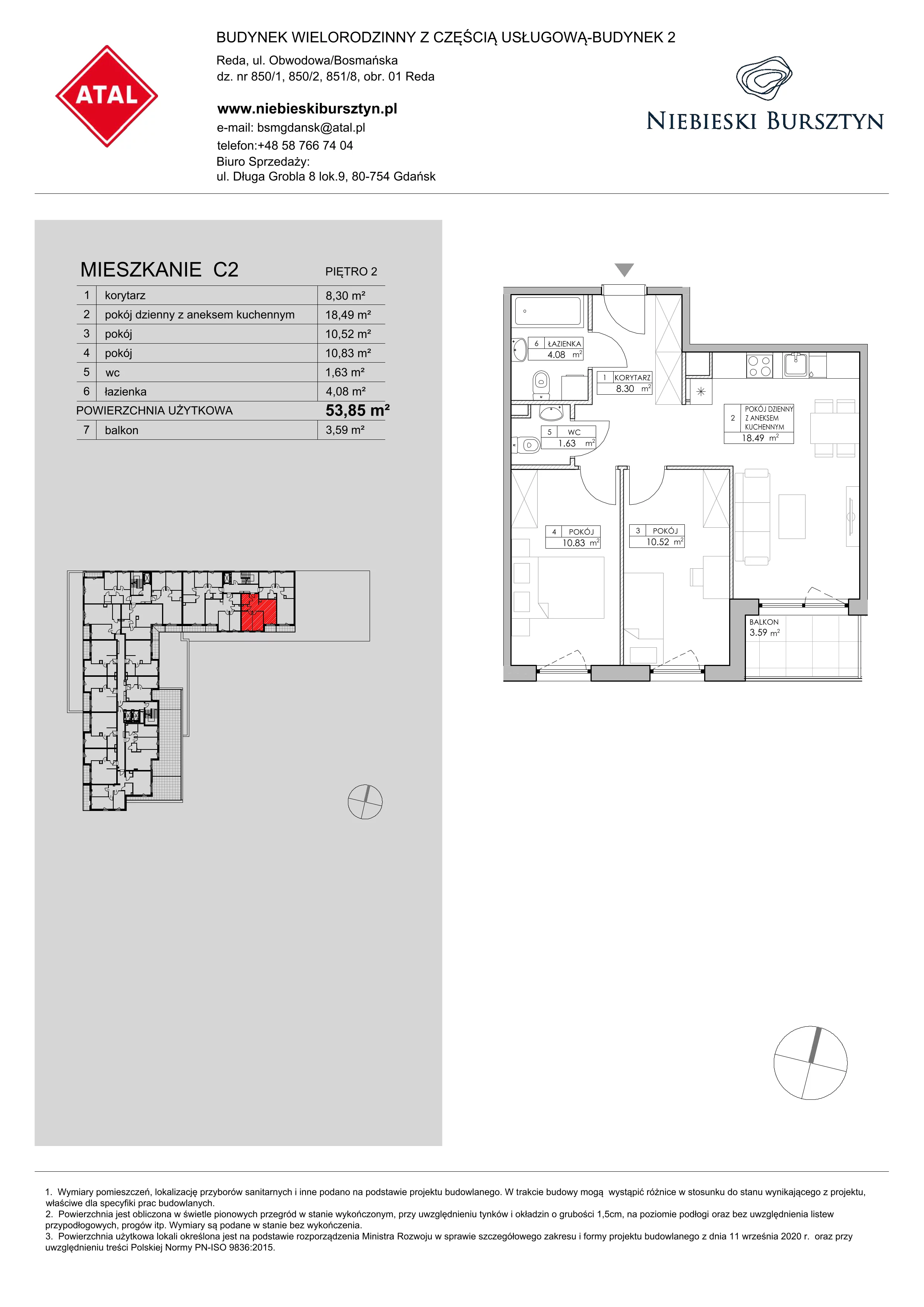 3 pokoje, mieszkanie 53,85 m², piętro 2, oferta nr 2.C2, Niebieski Bursztyn II, Reda, ul. Bosmańska
