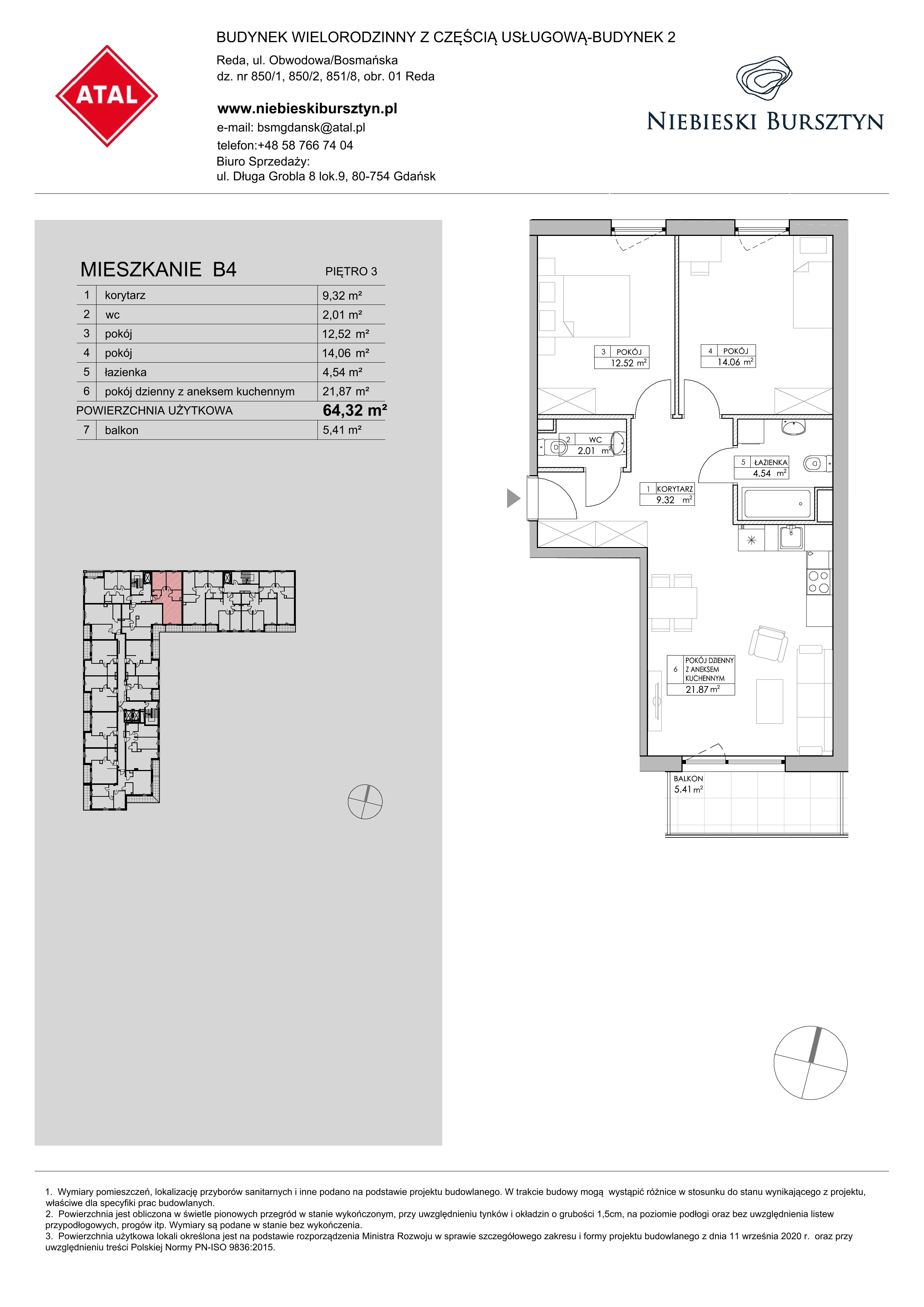 3 pokoje, mieszkanie 64,32 m², piętro 3, oferta nr 2.B4, Niebieski Bursztyn II, Reda, ul. Bosmańska