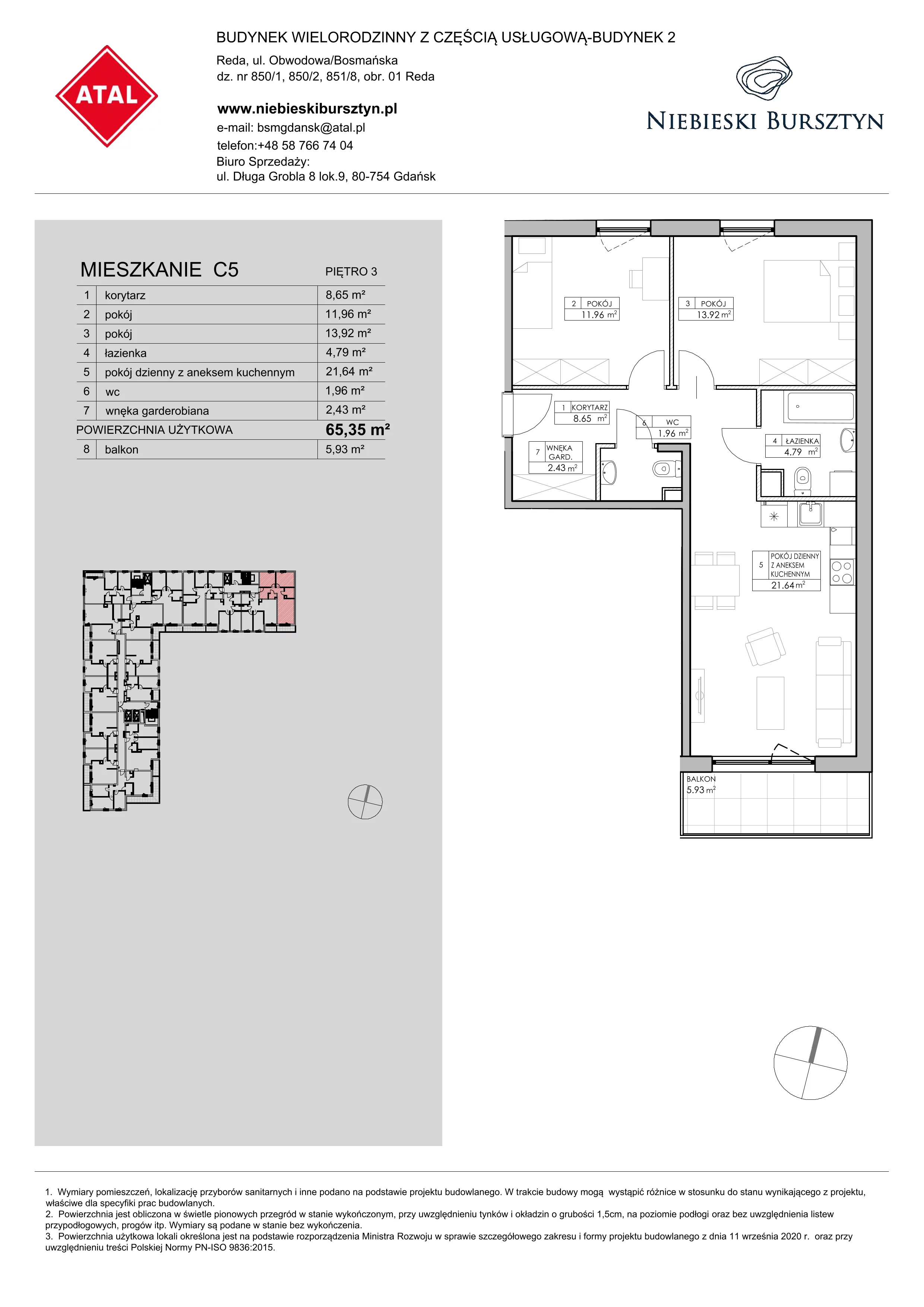 3 pokoje, mieszkanie 65,11 m², piętro 3, oferta nr 2.C5, Niebieski Bursztyn II, Reda, ul. Bosmańska