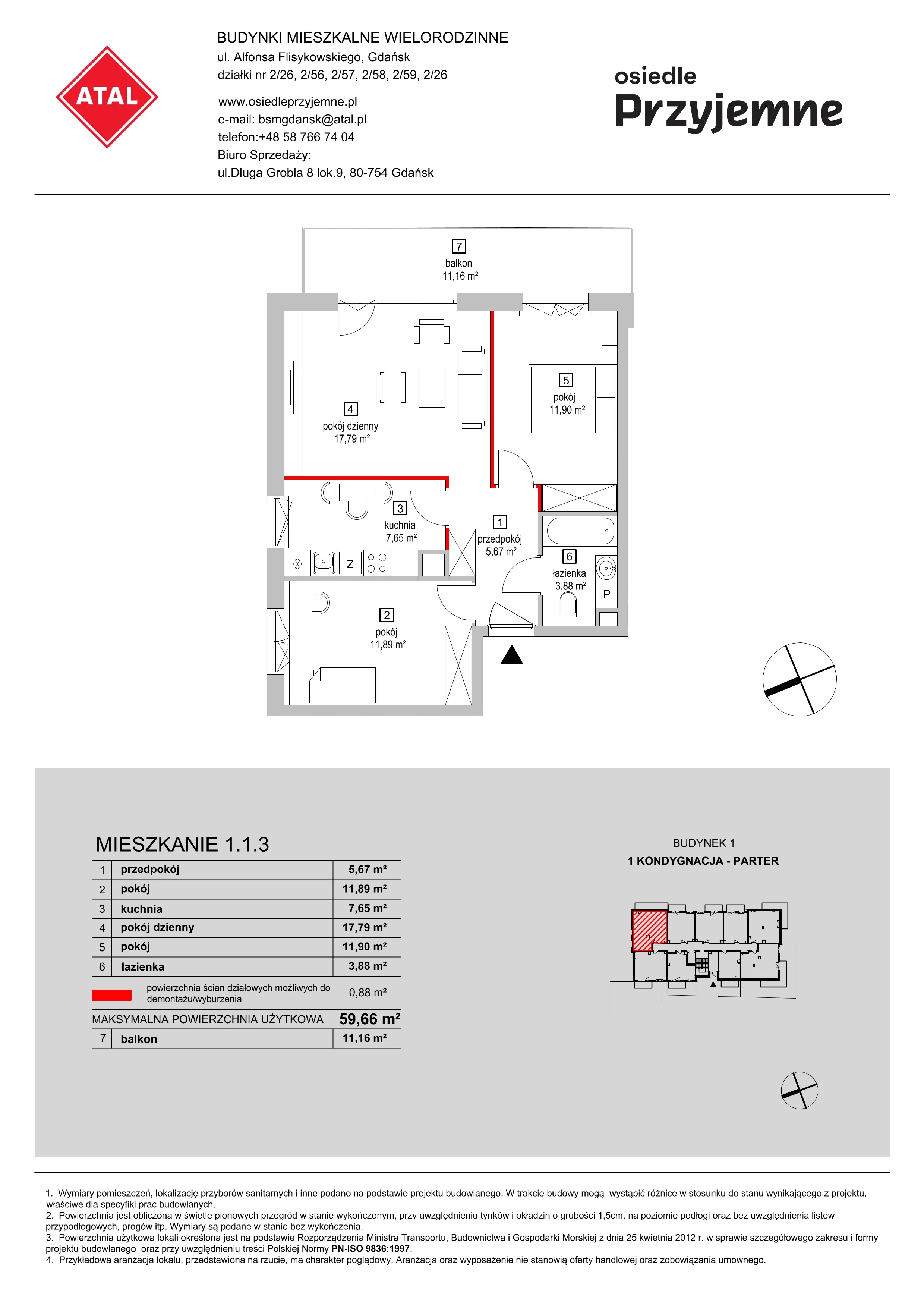 Mieszkanie 59,66 m², parter, oferta nr 1.1.3, Osiedle Przyjemne - etap I, Gdańsk, Jasień, ul. Flisykowskiego