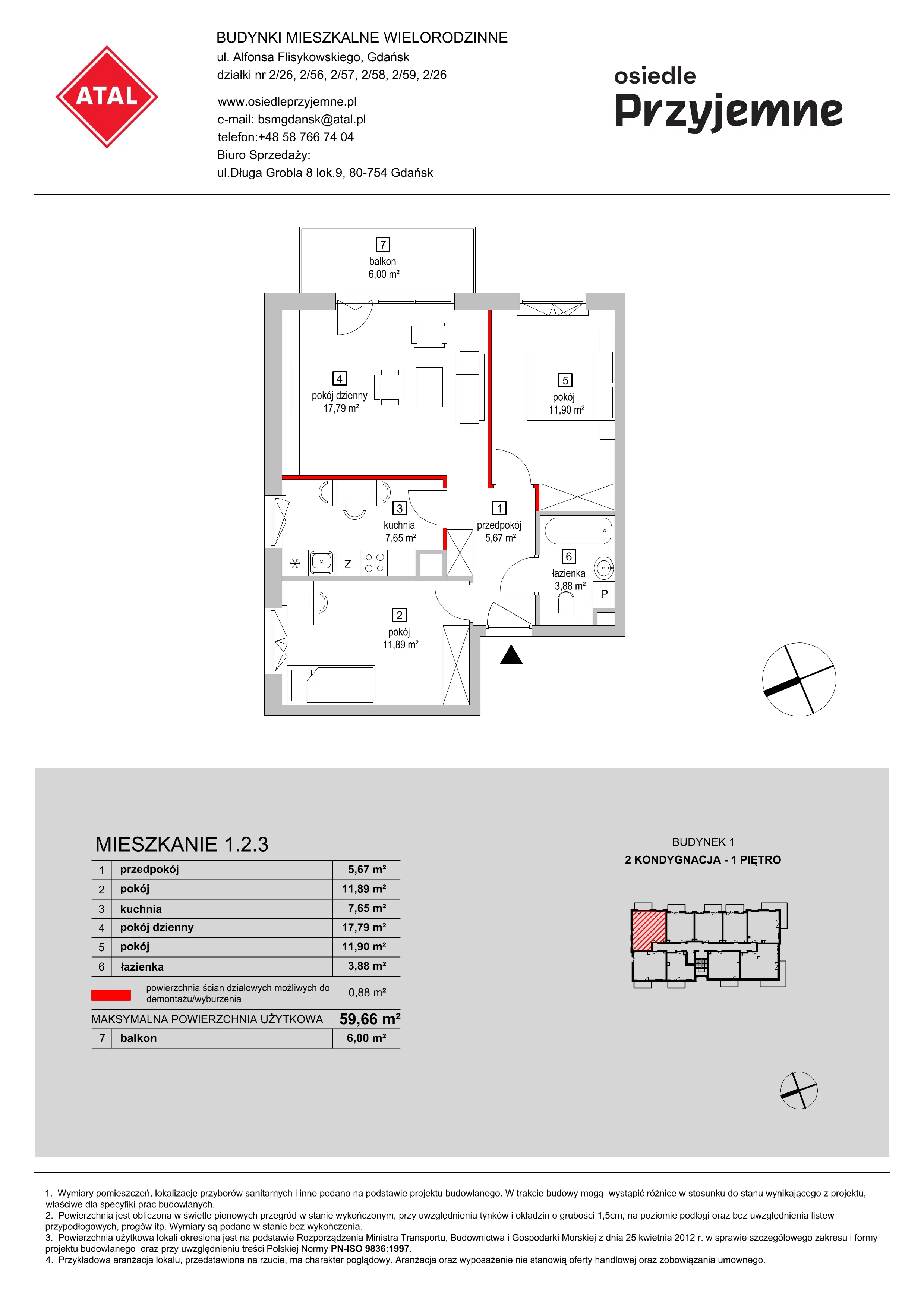 Mieszkanie 59,66 m², piętro 1, oferta nr 1.2.3, Osiedle Przyjemne - etap I, Gdańsk, Jasień, ul. Flisykowskiego