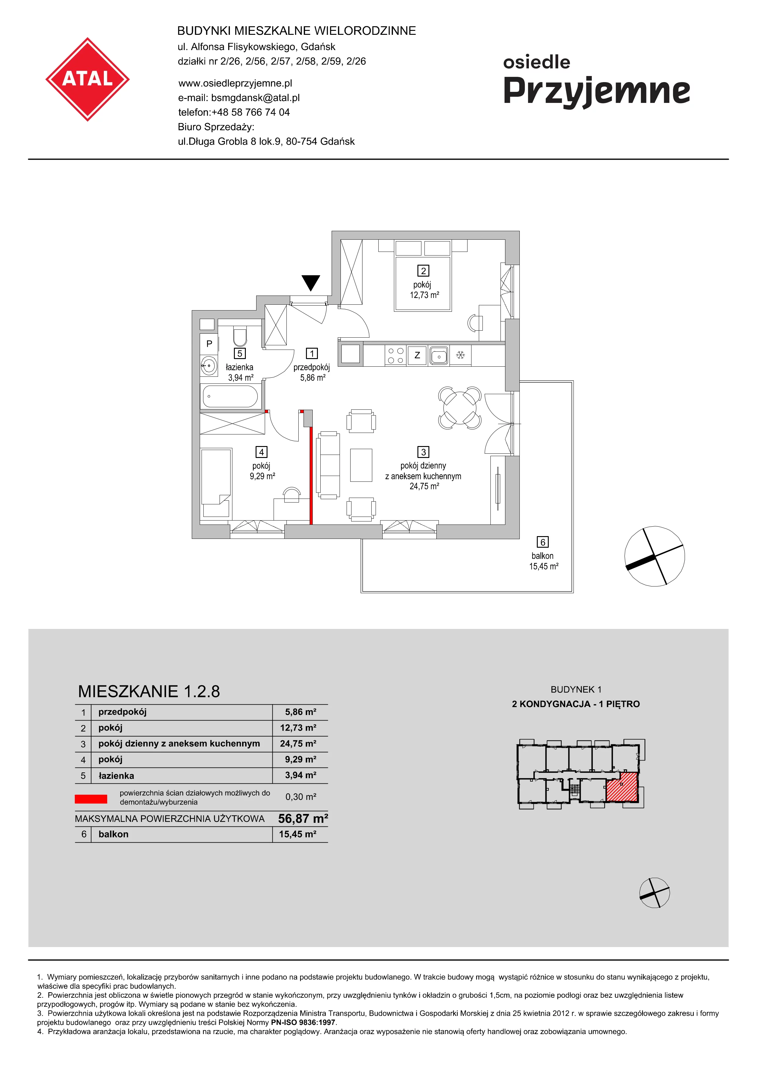 Mieszkanie 56,87 m², piętro 1, oferta nr 1.2.8, Osiedle Przyjemne - etap I, Gdańsk, Jasień, ul. Flisykowskiego