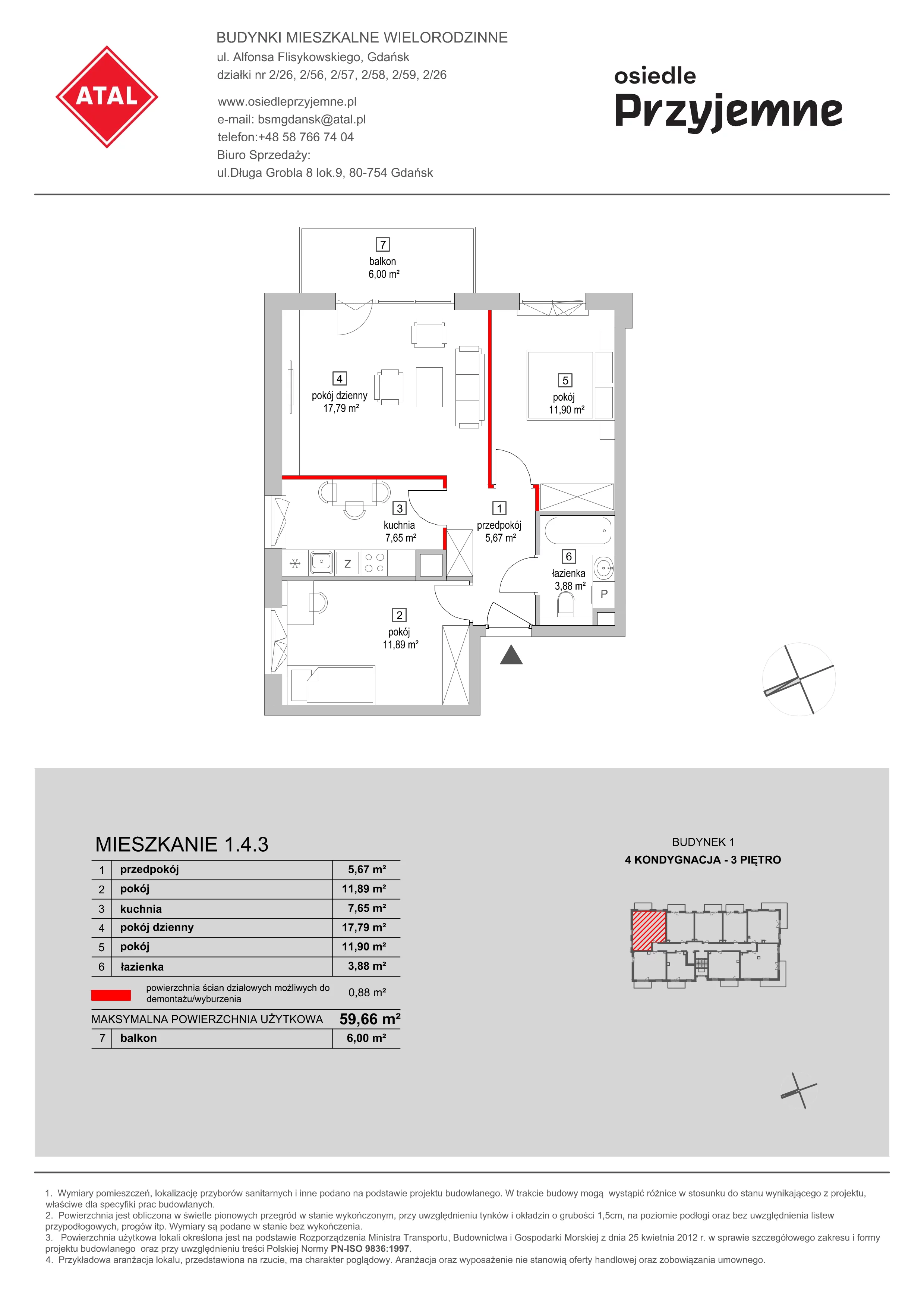 Mieszkanie 59,66 m², piętro 3, oferta nr 1.4.3, Osiedle Przyjemne - etap I, Gdańsk, Jasień, ul. Flisykowskiego