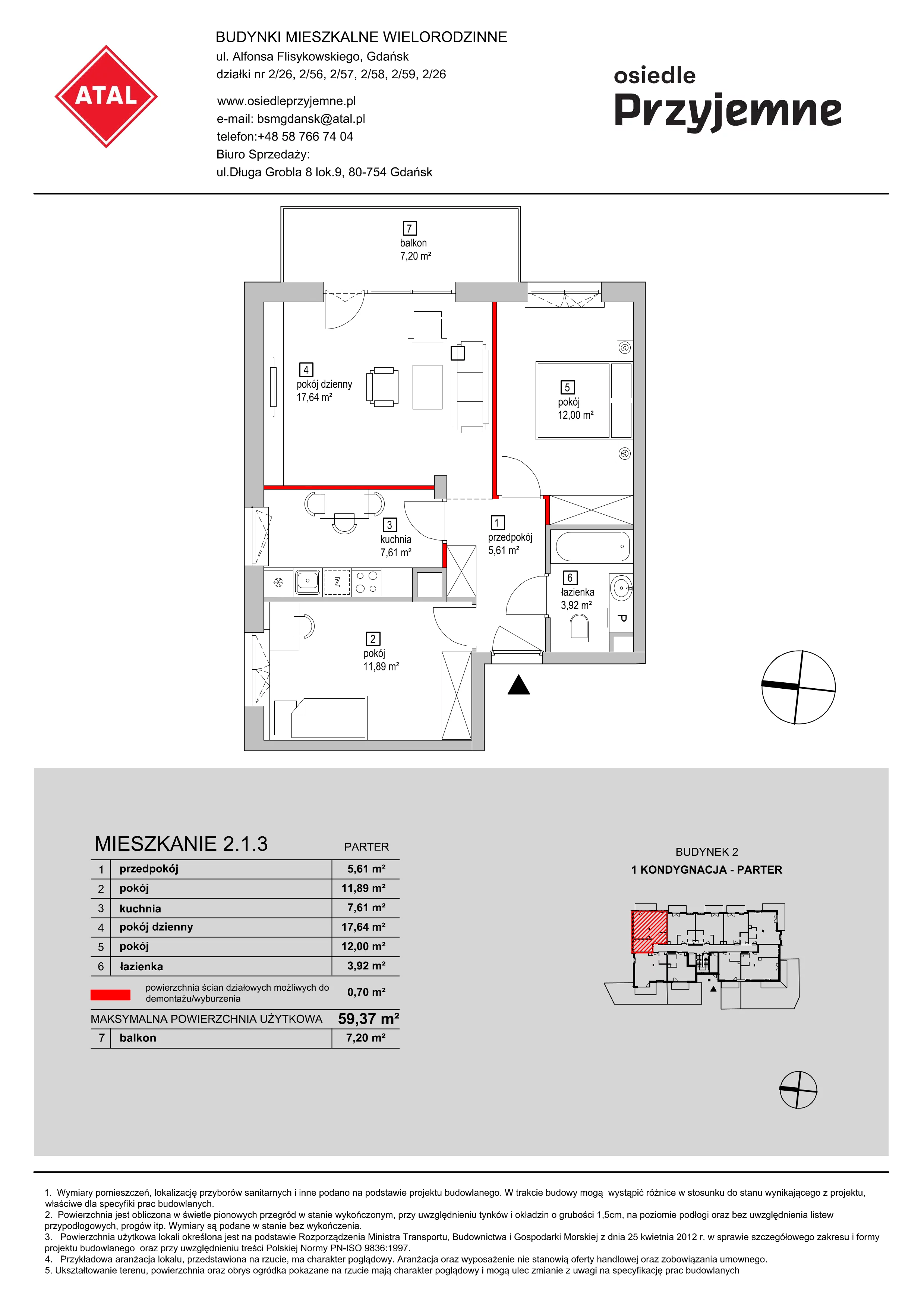 Mieszkanie 59,37 m², parter, oferta nr 2.1.3, Osiedle Przyjemne - etap I, Gdańsk, Jasień, ul. Flisykowskiego