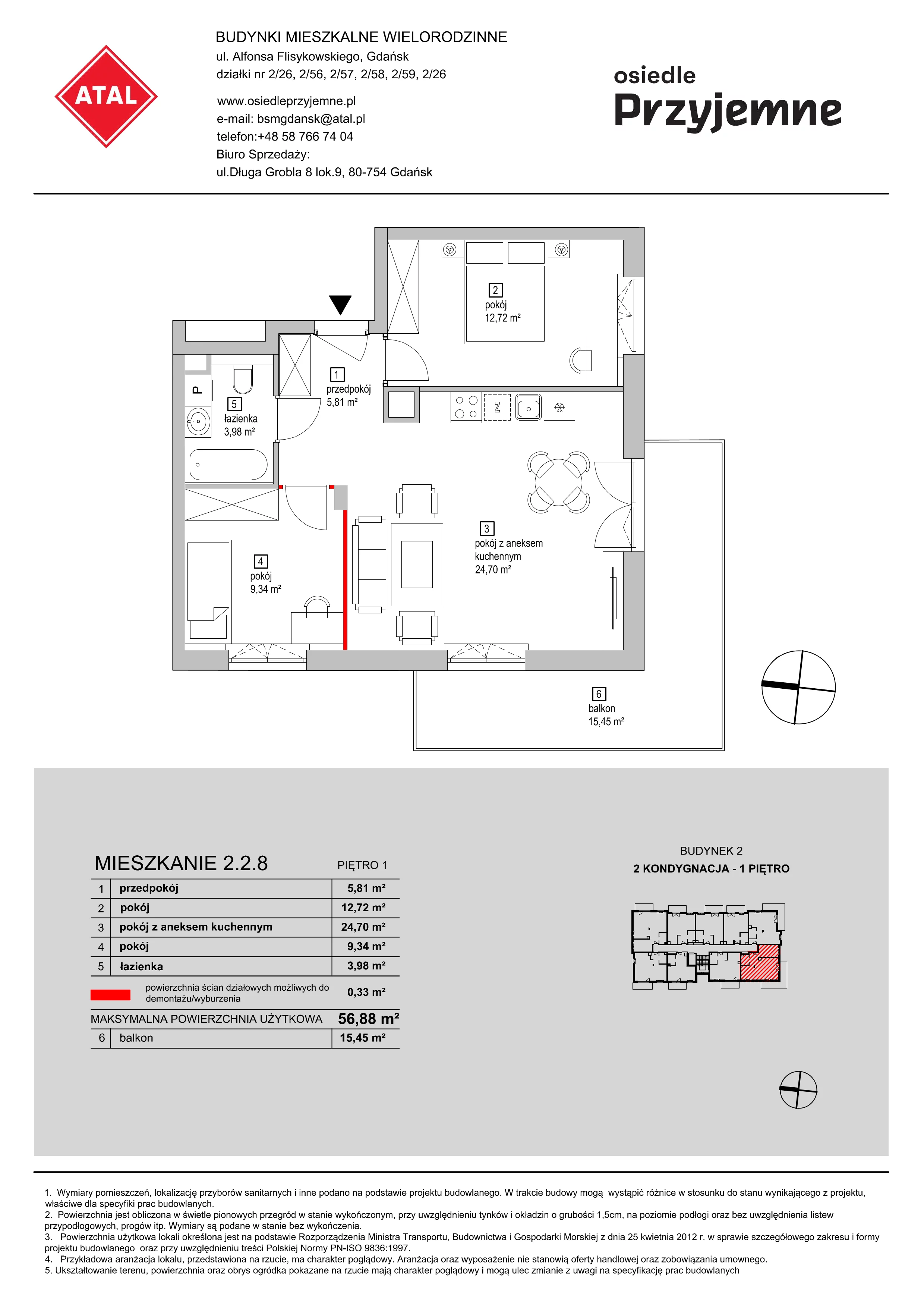 Mieszkanie 56,88 m², piętro 1, oferta nr 2.2.8, Osiedle Przyjemne - etap I, Gdańsk, Jasień, ul. Flisykowskiego