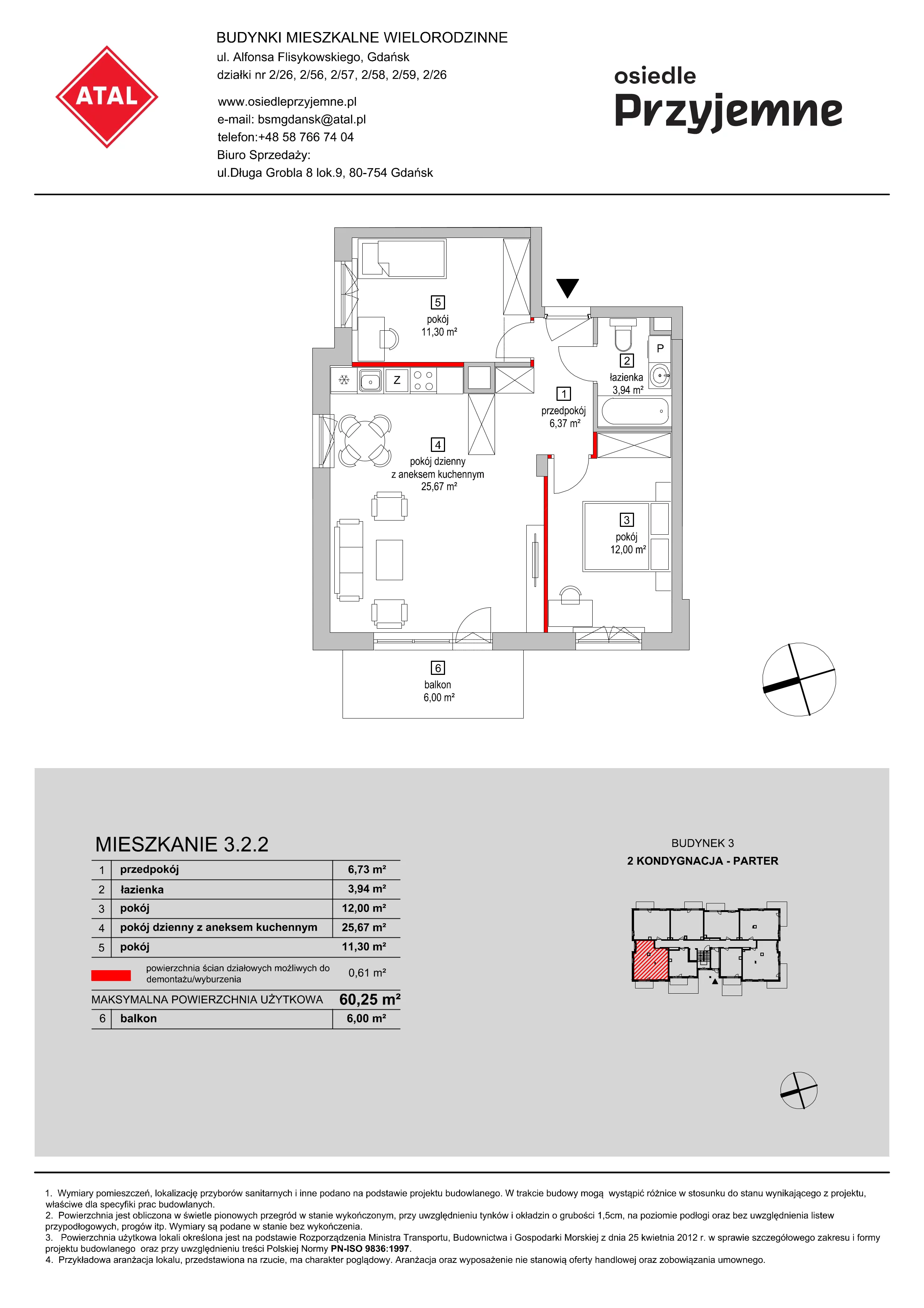 Mieszkanie 60,25 m², parter, oferta nr 3.2.2, Osiedle Przyjemne - etap II, Gdańsk, Jasień, ul. Flisykowskiego