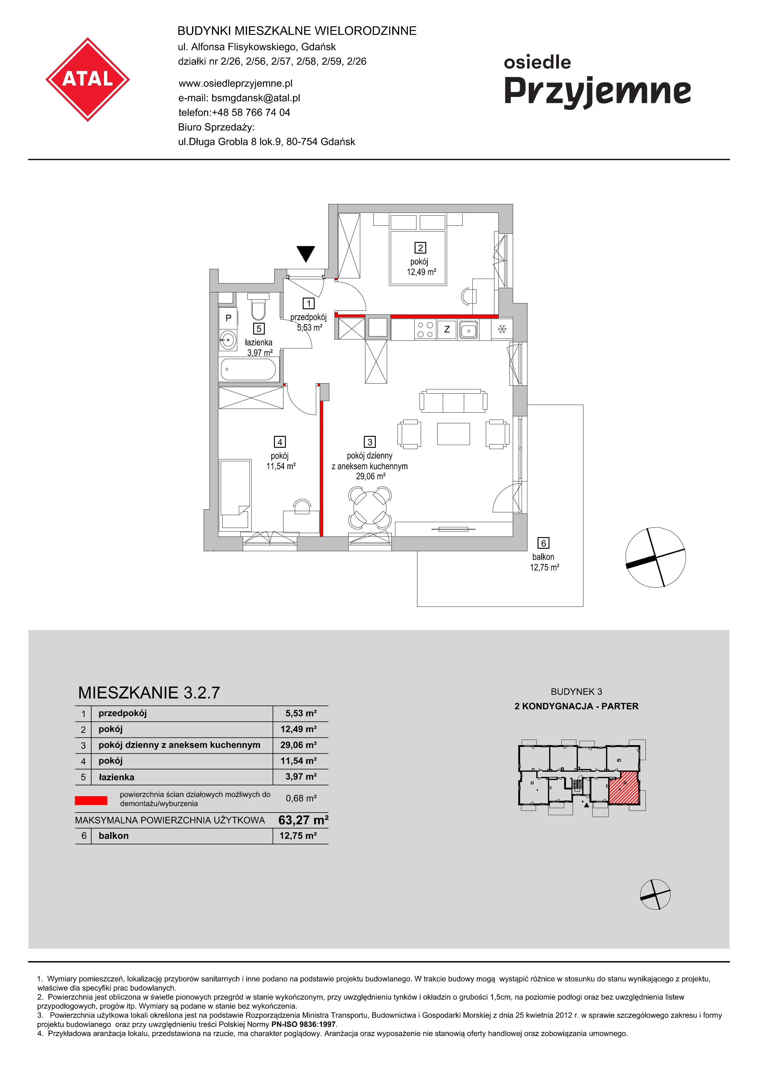 Mieszkanie 63,27 m², parter, oferta nr 3.2.7, Osiedle Przyjemne - etap II, Gdańsk, Jasień, ul. Flisykowskiego