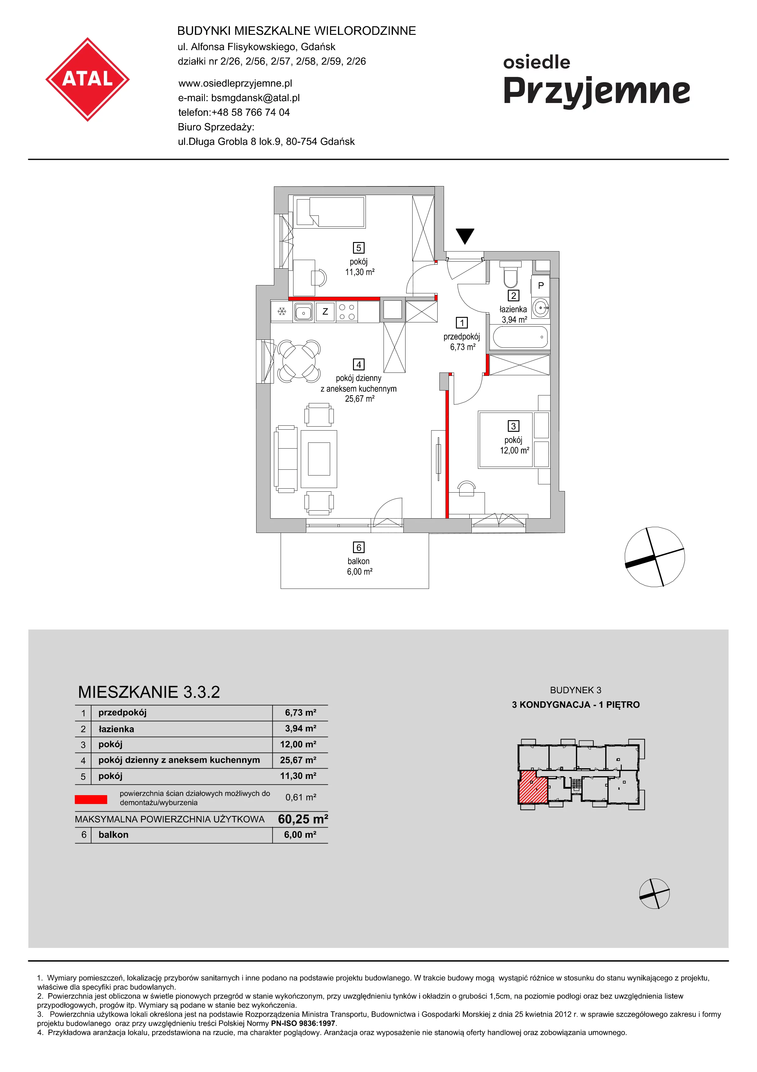 Mieszkanie 60,25 m², piętro 1, oferta nr 3.3.2, Osiedle Przyjemne - etap II, Gdańsk, Jasień, ul. Flisykowskiego