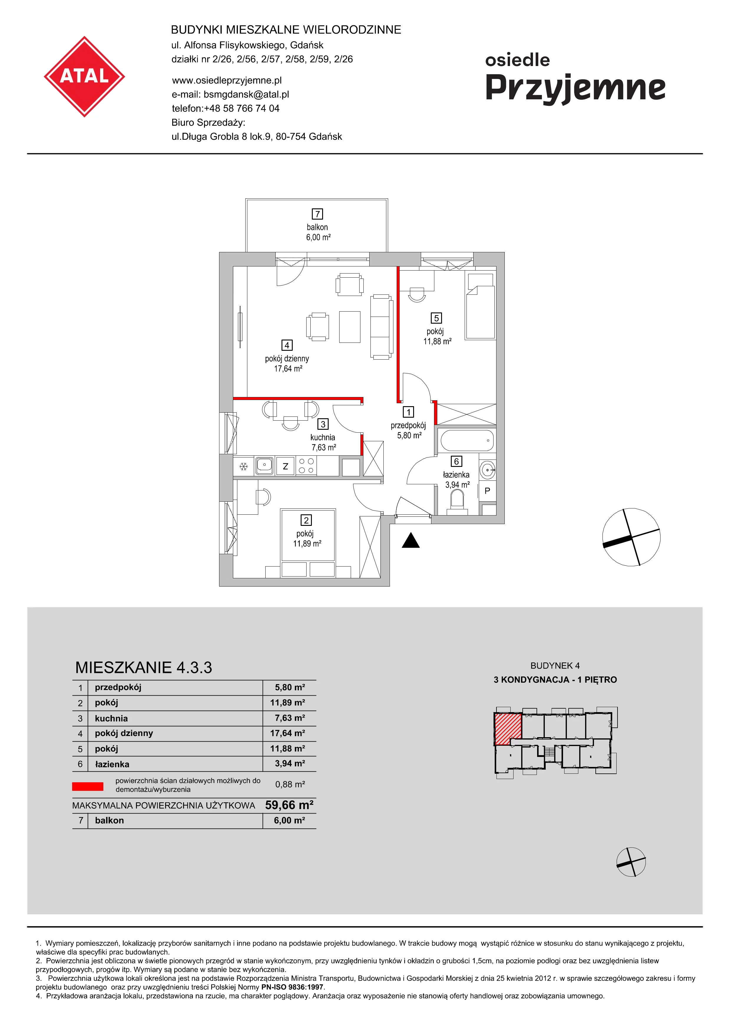 Mieszkanie 59,66 m², piętro 1, oferta nr 4.3.3, Osiedle Przyjemne - etap II, Gdańsk, Jasień, ul. Flisykowskiego