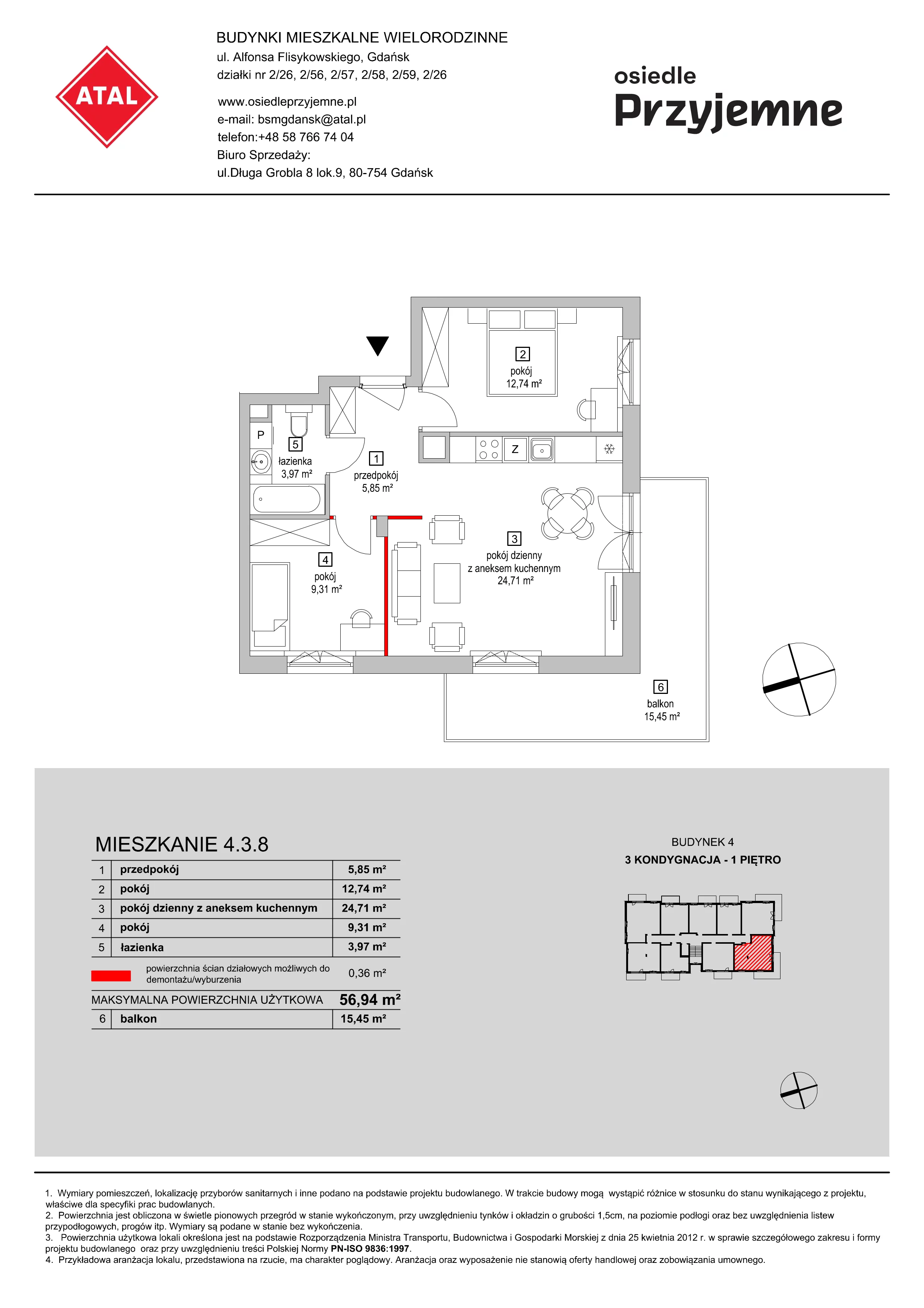 Mieszkanie 56,94 m², piętro 1, oferta nr 4.3.8, Osiedle Przyjemne - etap II, Gdańsk, Jasień, ul. Flisykowskiego