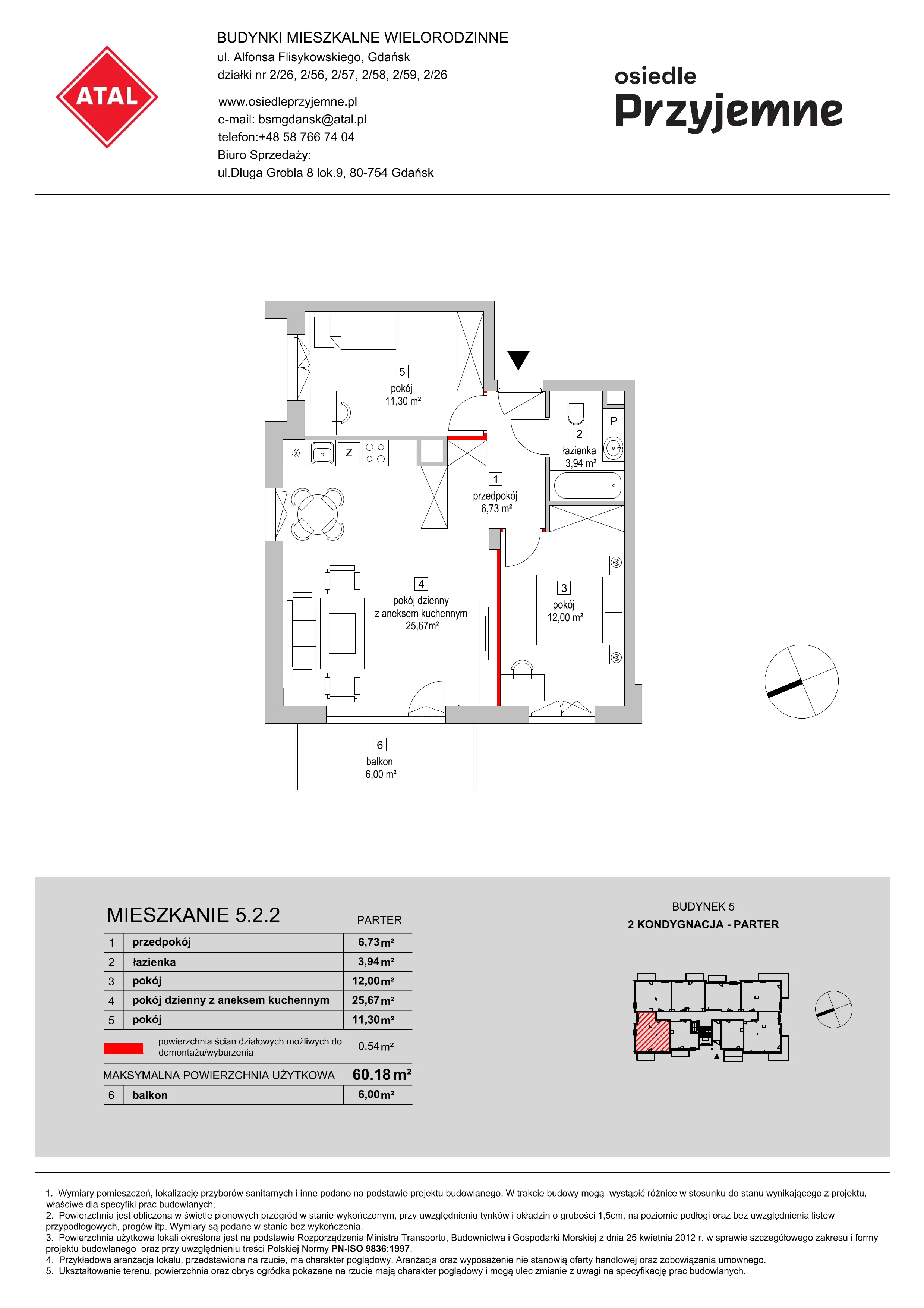 Mieszkanie 60,18 m², parter, oferta nr 5.2.2, Osiedle Przyjemne - etap II, Gdańsk, Jasień, ul. Flisykowskiego