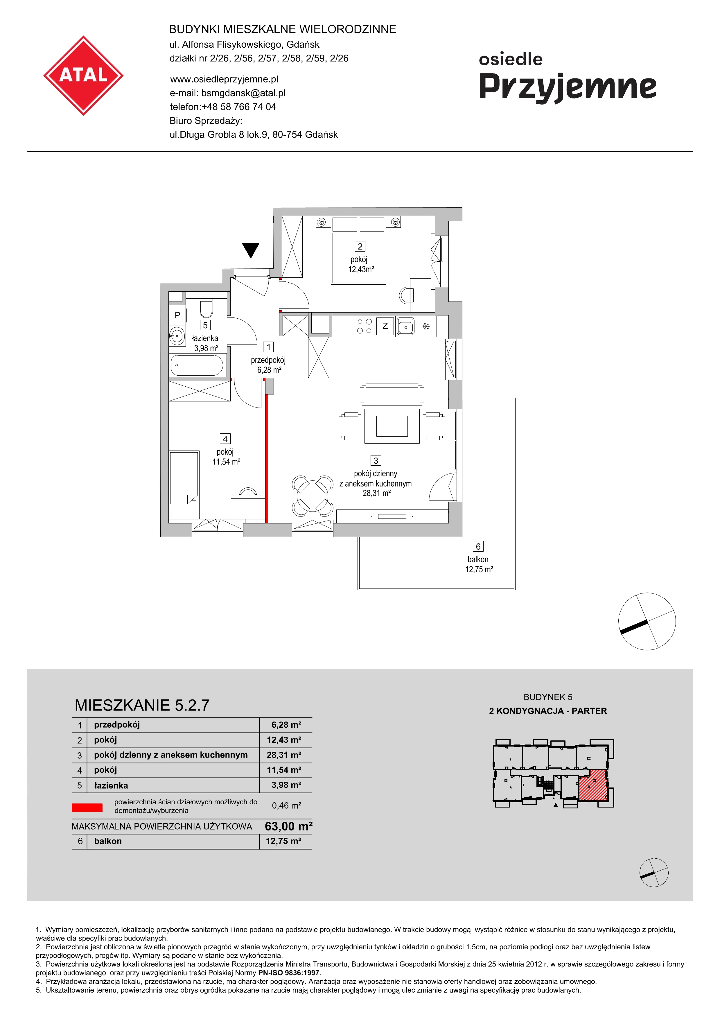 Mieszkanie 63,00 m², parter, oferta nr 5.2.7, Osiedle Przyjemne - etap II, Gdańsk, Jasień, ul. Flisykowskiego