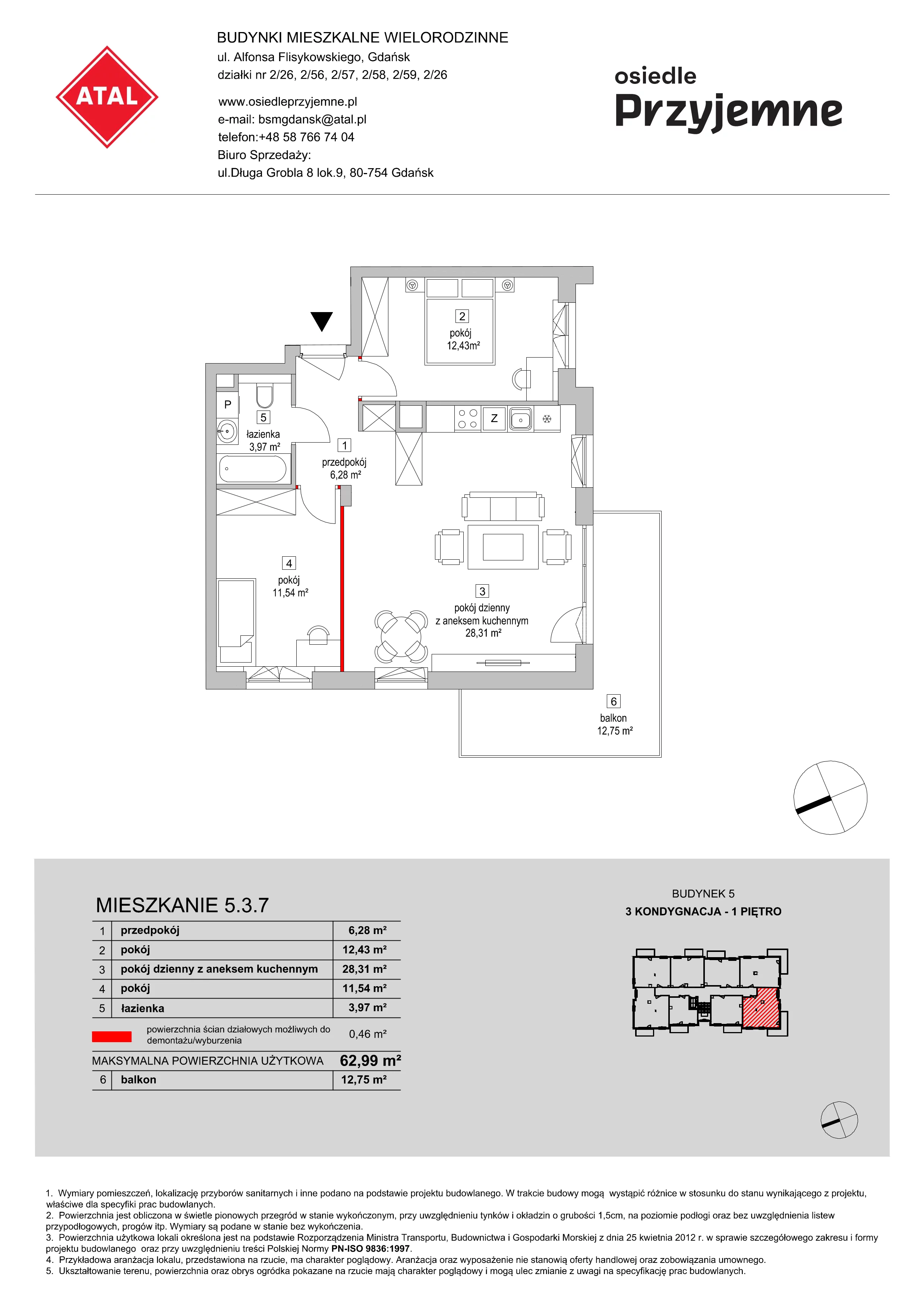 Mieszkanie 62,99 m², piętro 1, oferta nr 5.3.7, Osiedle Przyjemne - etap II, Gdańsk, Jasień, ul. Flisykowskiego