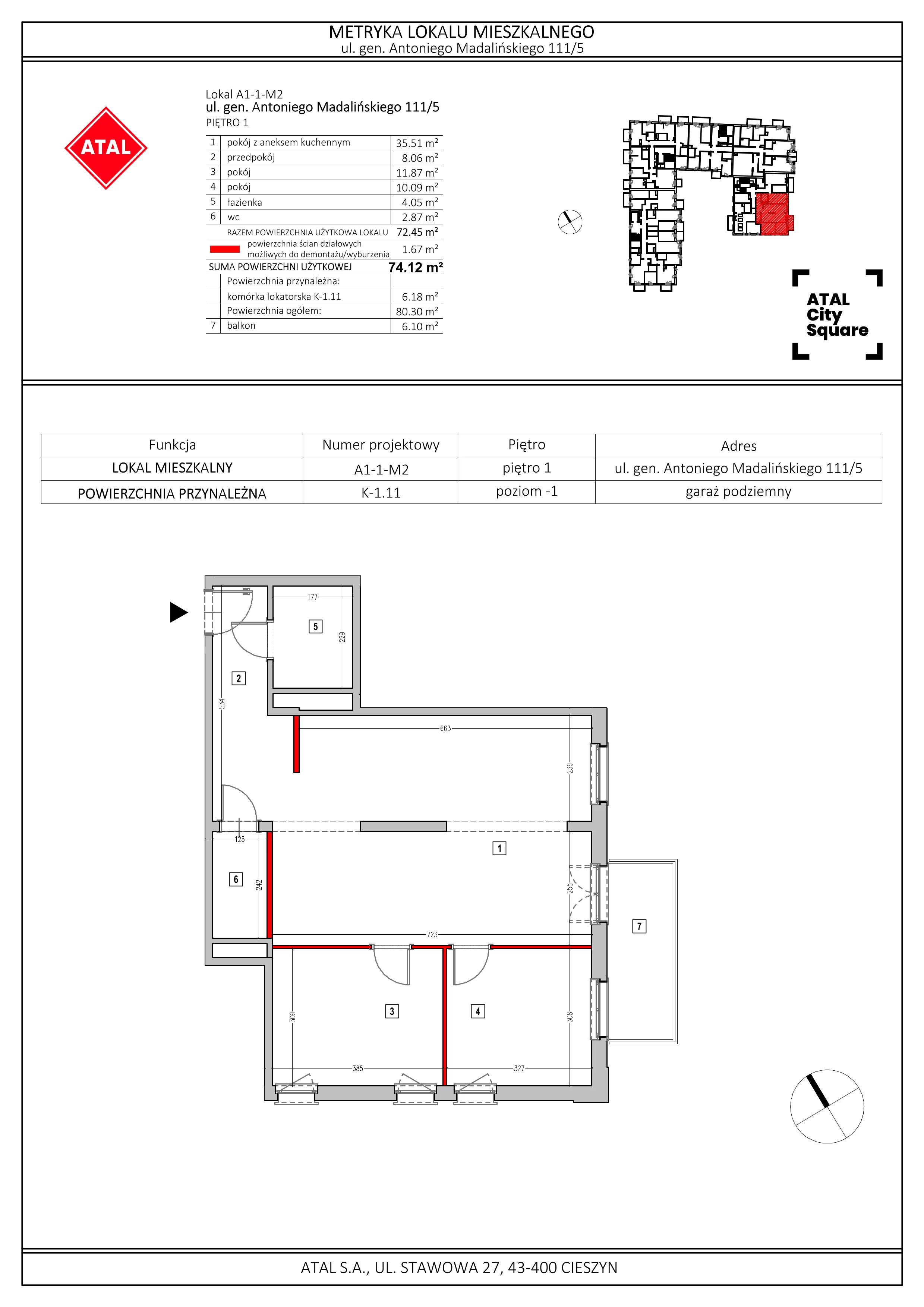 Apartament 74,12 m², piętro 1, oferta nr A1-1-M2, ATAL City Square, Wrocław, Przedmieście Oławskie, Krzyki, ul. gen. Kazimierza Pułaskiego