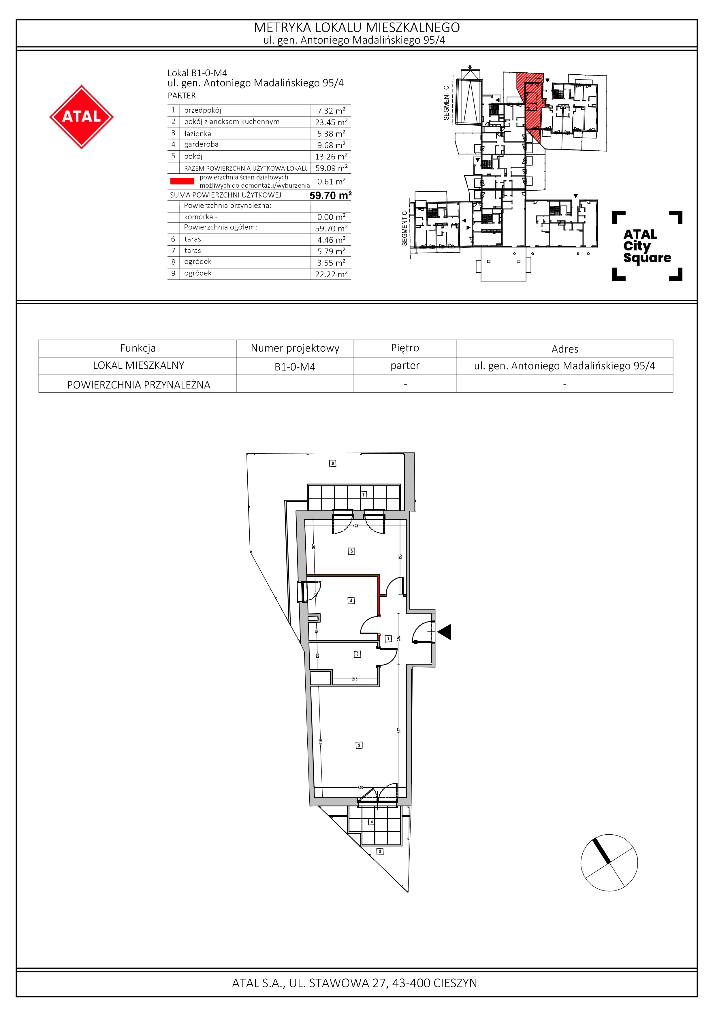 Mieszkanie 59,70 m², parter, oferta nr B1-0-M4, ATAL City Square, Wrocław, Przedmieście Oławskie, Krzyki, ul. gen. Kazimierza Pułaskiego