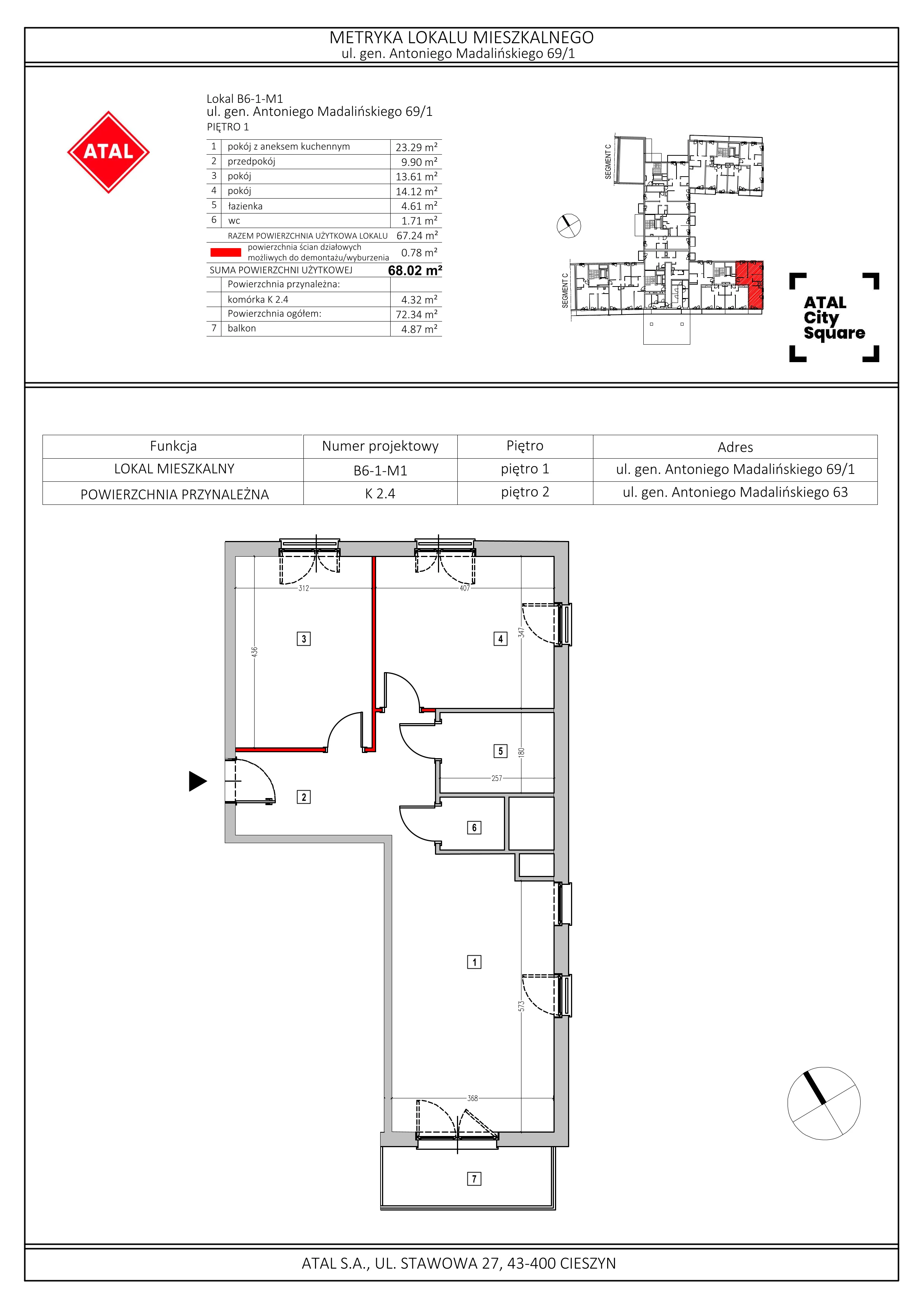 Mieszkanie 68,02 m², piętro 1, oferta nr B6-1-M1, ATAL City Square, Wrocław, Przedmieście Oławskie, Krzyki, ul. gen. Kazimierza Pułaskiego