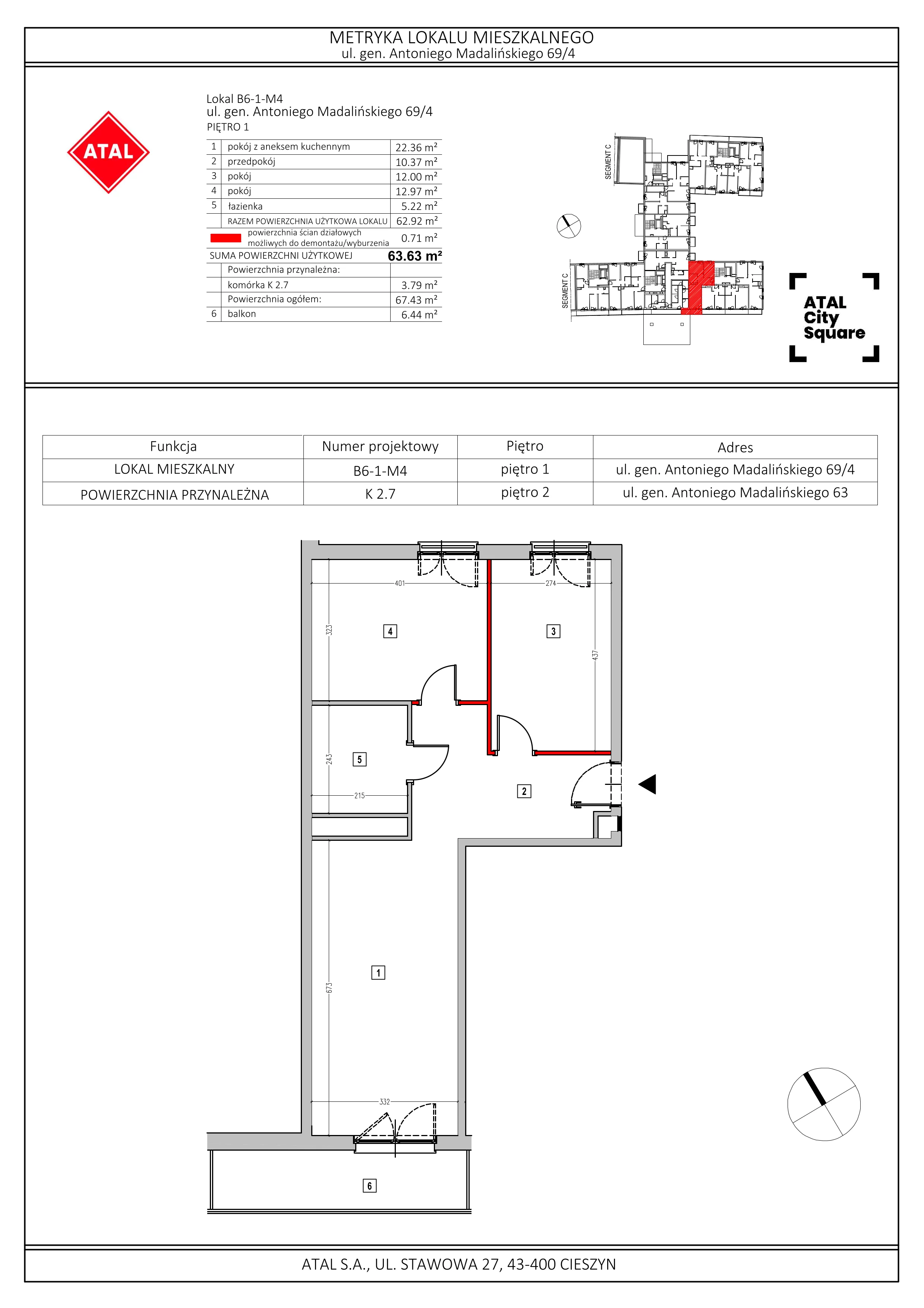 Mieszkanie 63,63 m², piętro 1, oferta nr B6-1-M4, ATAL City Square, Wrocław, Przedmieście Oławskie, Krzyki, ul. gen. Kazimierza Pułaskiego