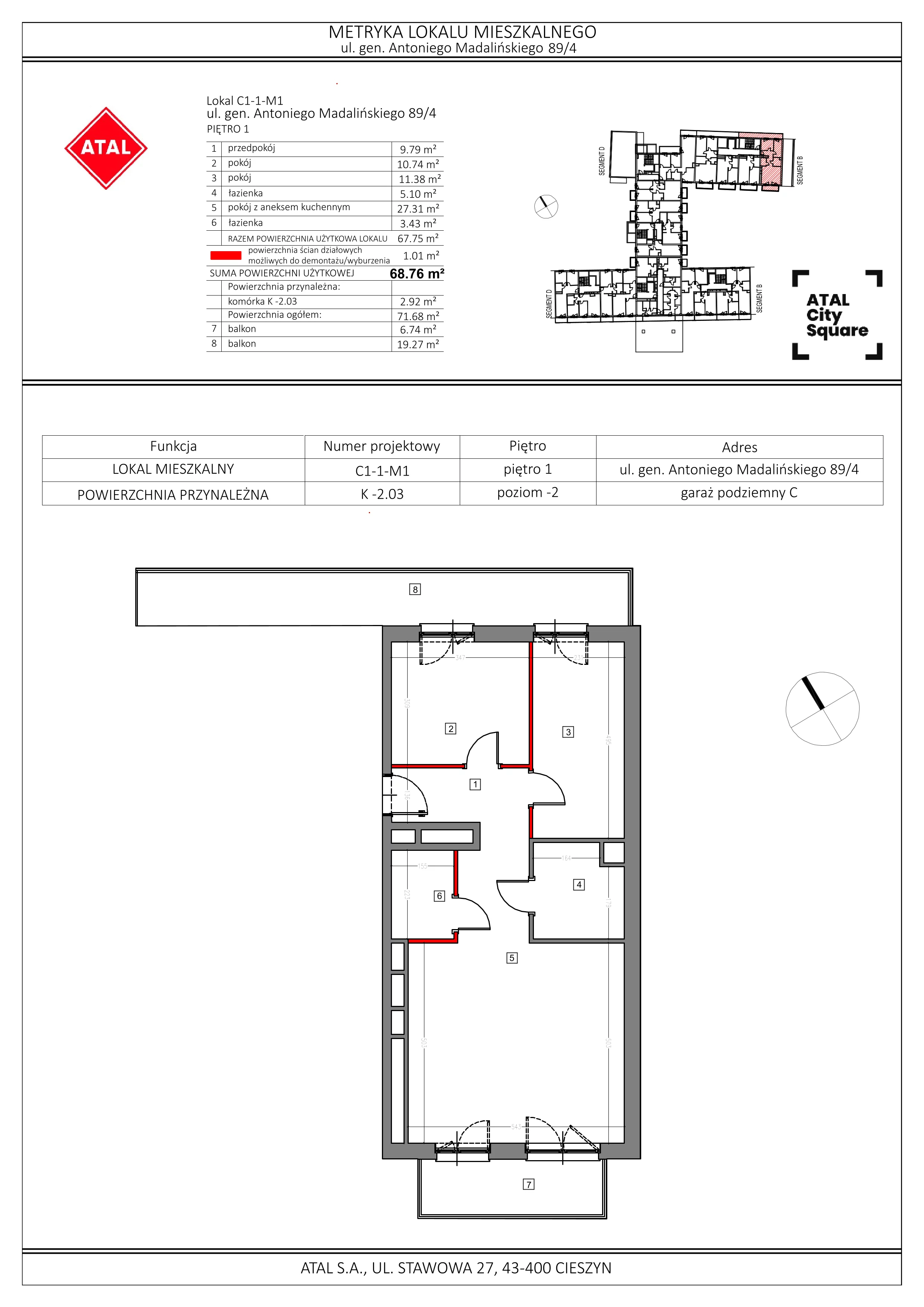 Mieszkanie 68,76 m², piętro 1, oferta nr C1-1-M1, ATAL City Square, Wrocław, Przedmieście Oławskie, Krzyki, ul. gen. Kazimierza Pułaskiego