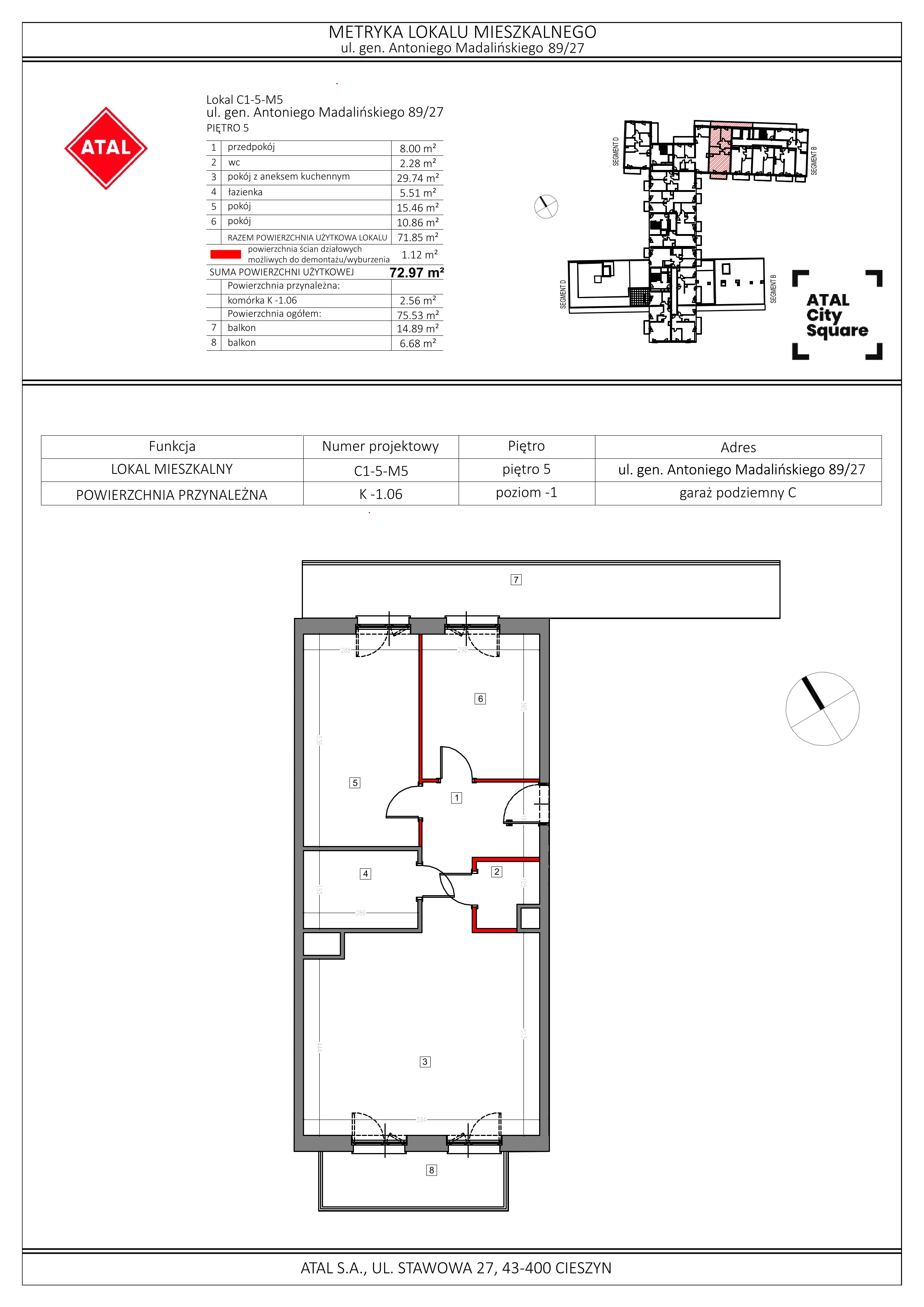 Mieszkanie 72,97 m², piętro 5, oferta nr C1-5-M5, ATAL City Square, Wrocław, Przedmieście Oławskie, Krzyki, ul. gen. Kazimierza Pułaskiego