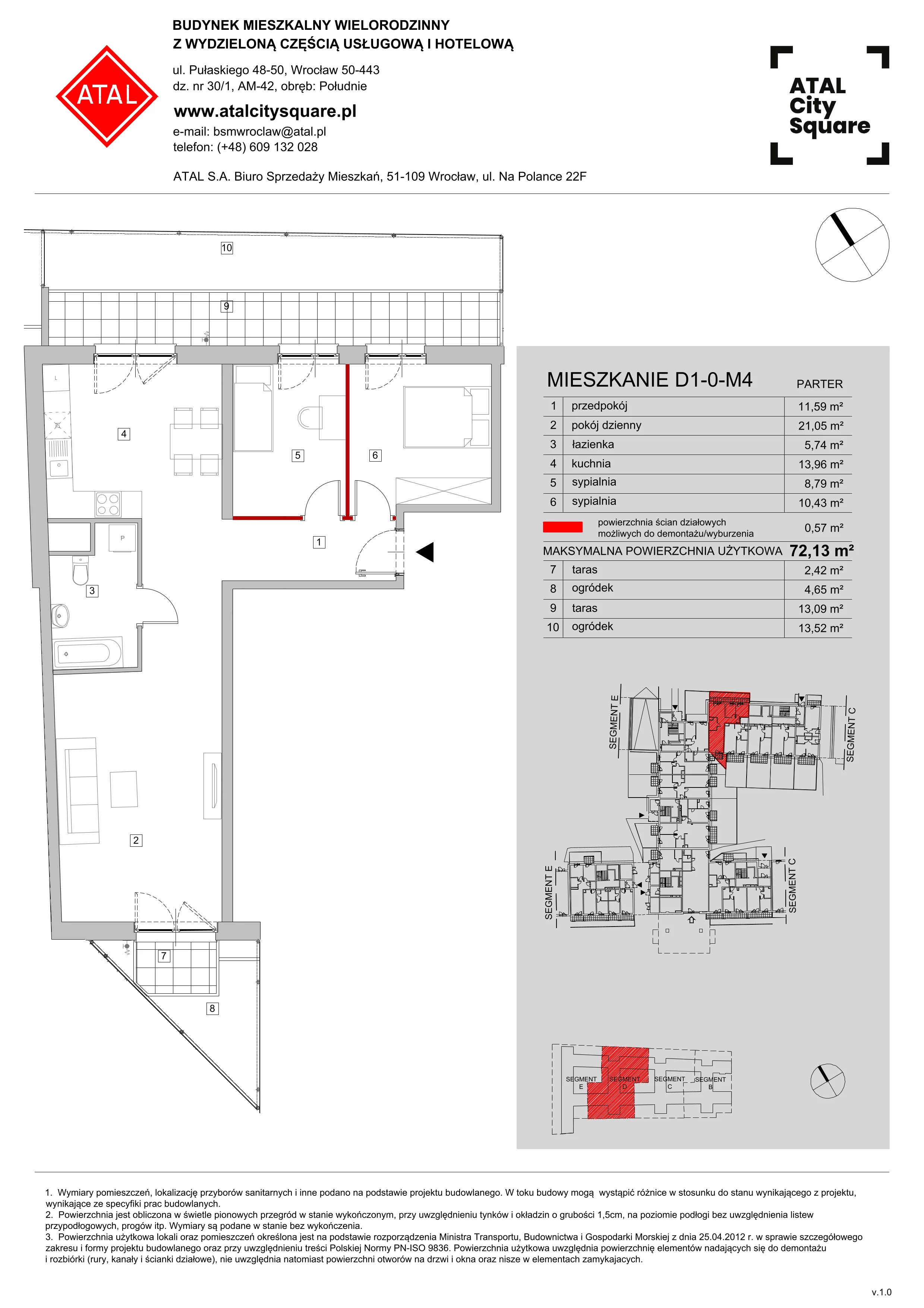 Mieszkanie 72,13 m², parter, oferta nr D1-0-M4, ATAL City Square, Wrocław, Przedmieście Oławskie, Krzyki, ul. gen. Kazimierza Pułaskiego