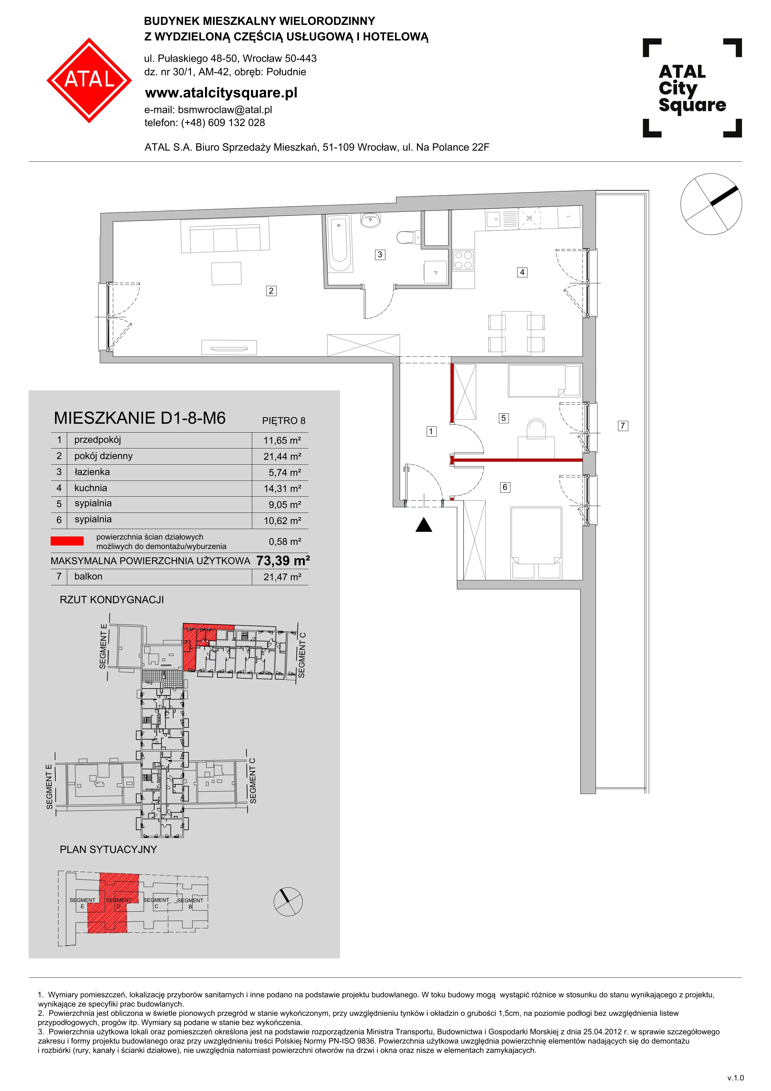 Mieszkanie 73,39 m², piętro 8, oferta nr D1-8-M6, ATAL City Square, Wrocław, Przedmieście Oławskie, Krzyki, ul. gen. Kazimierza Pułaskiego