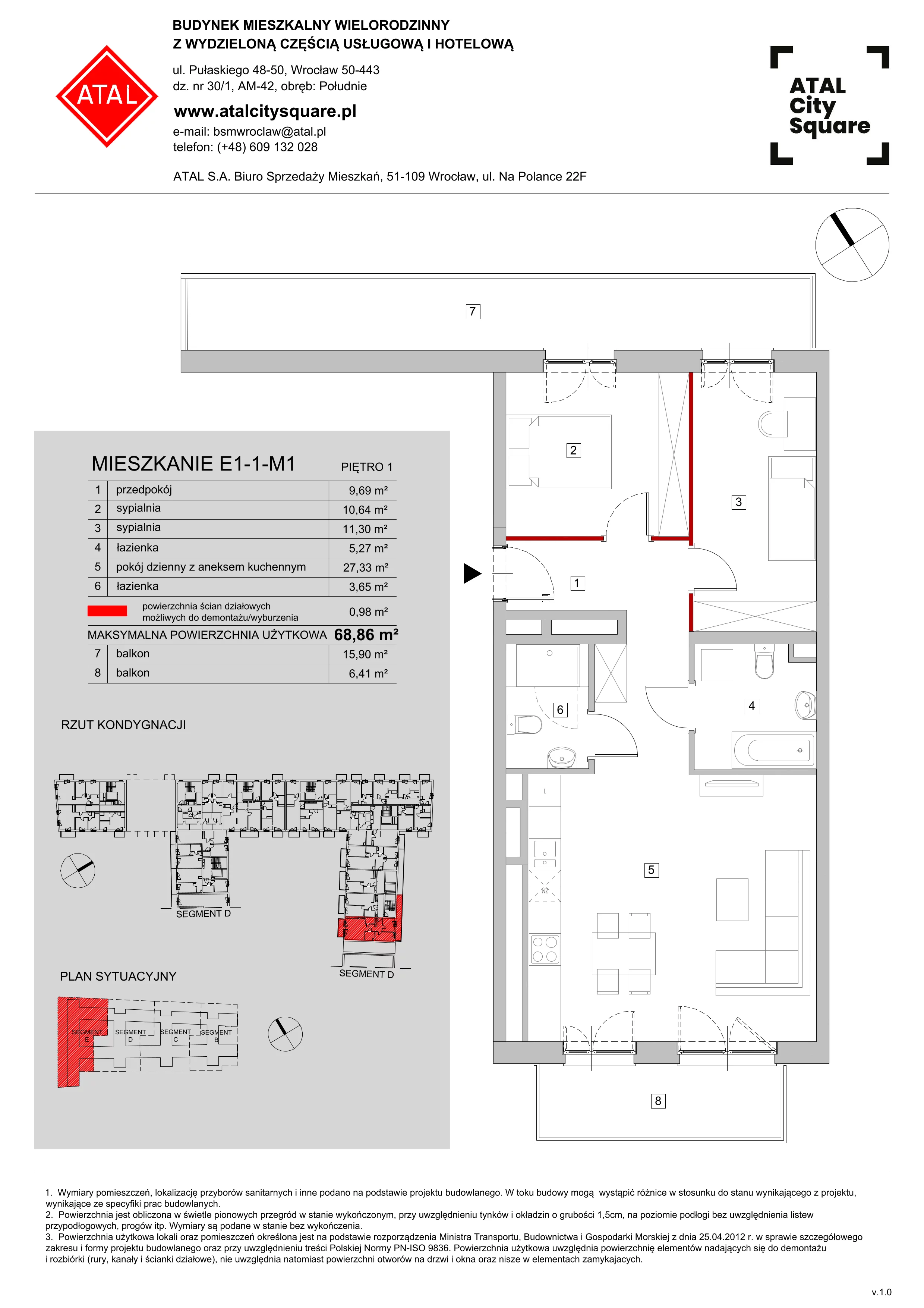 Mieszkanie 68,86 m², piętro 1, oferta nr E1-1-M1, ATAL City Square, Wrocław, Przedmieście Oławskie, Krzyki, ul. gen. Kazimierza Pułaskiego