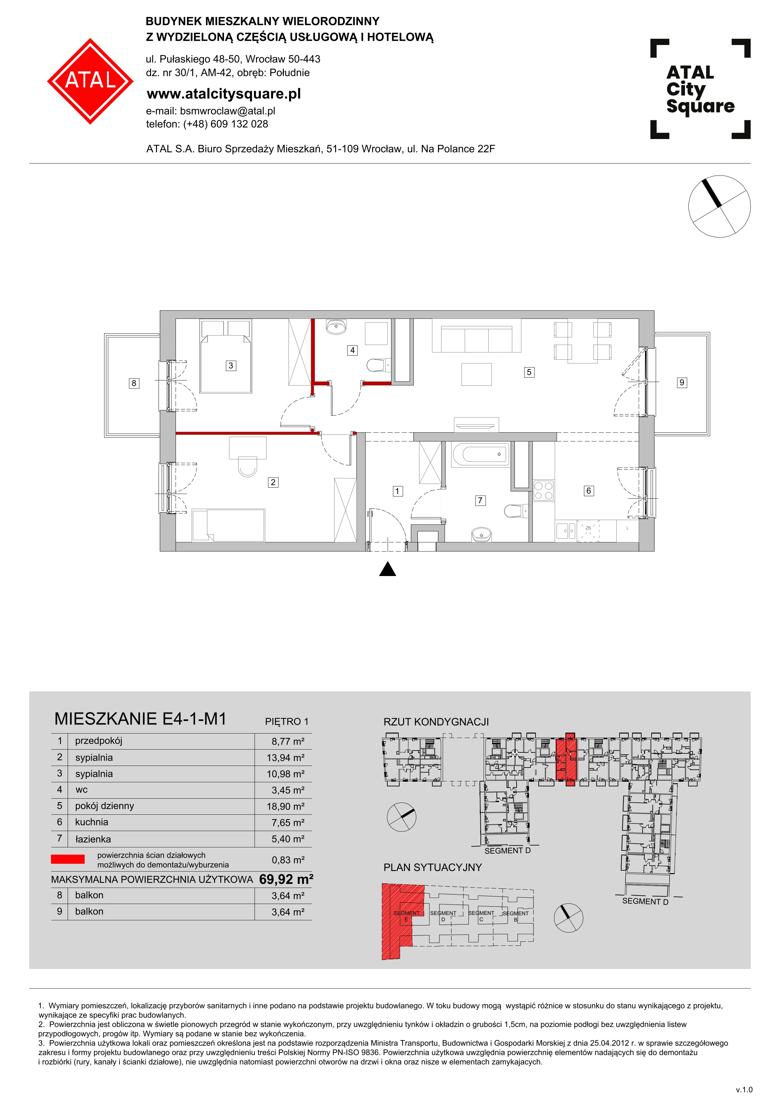 Mieszkanie 69,92 m², piętro 1, oferta nr E4-1-M1, ATAL City Square, Wrocław, Przedmieście Oławskie, Krzyki, ul. gen. Kazimierza Pułaskiego